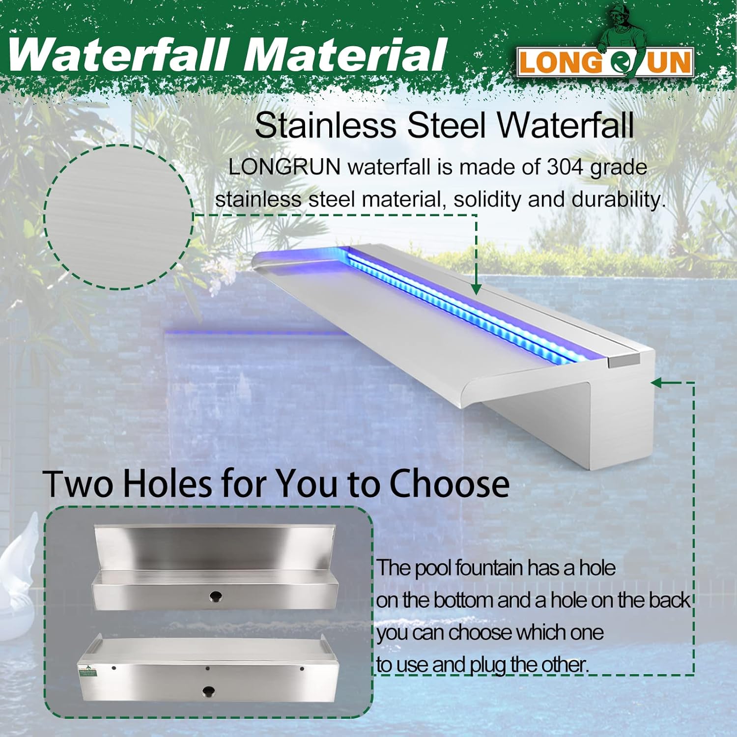 LONGRUN Stainless Steel Waterfall Spillway, APP Control Multi-Color LED Light Outdoor Pool Fountain, Water Spillway Koi Pond Waterfalls Fountains Kit for Garden Patio Swimming Pool Decoration-23.6"