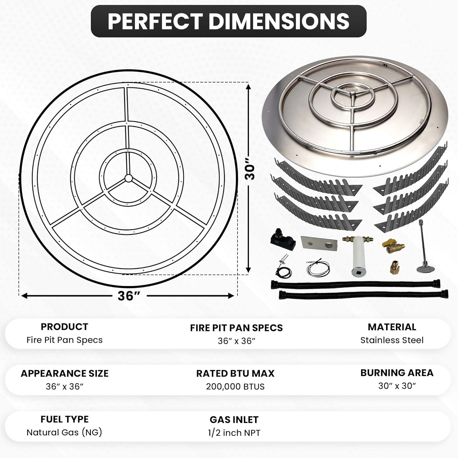 Stainless Steel Fire Pit Burner Pan & Ring Pro Kit for Natural Gas, 36-Inch Pan, 30-Inch Ring, 200,000 BTU Max