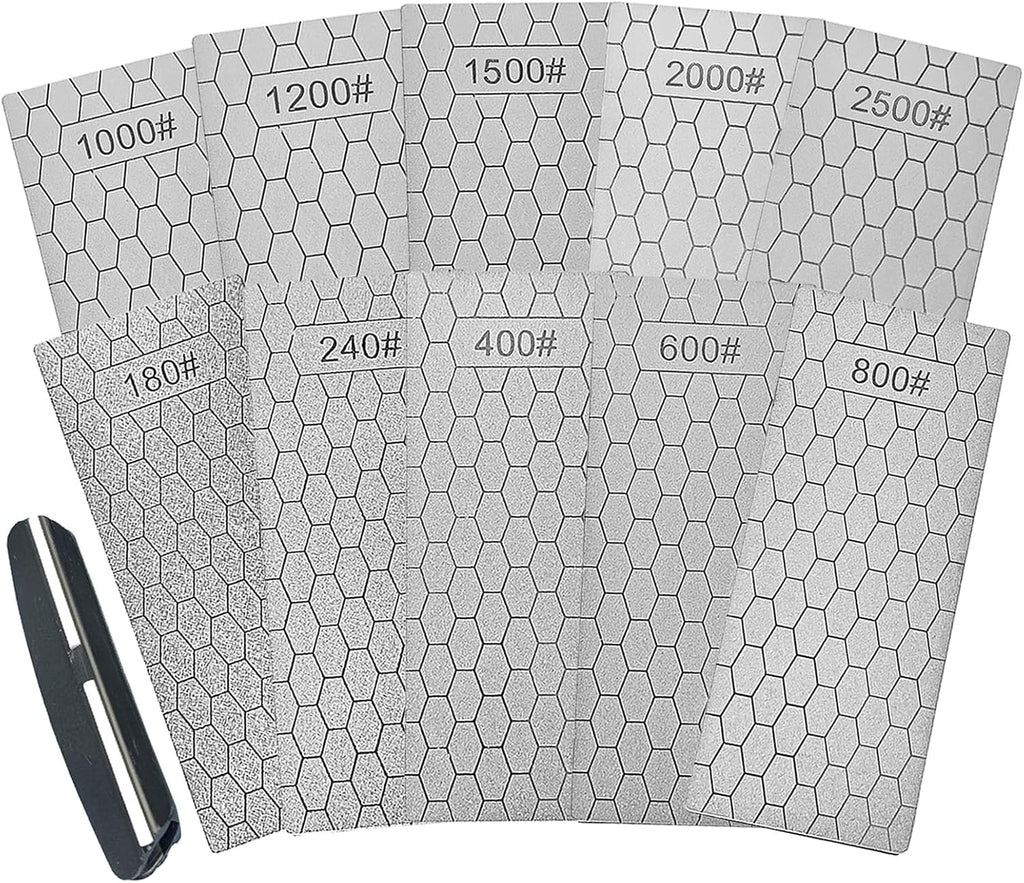 Diamond Sharpening Stone Set,10 Pcs Diamond Lapping Plate Coarse/Medium/Fine Grit Sharpener, 180/240/400/600/800/1000/1200/1500/2000+2500 Grit, Perfect Assistance Sharpener Angle Guide
