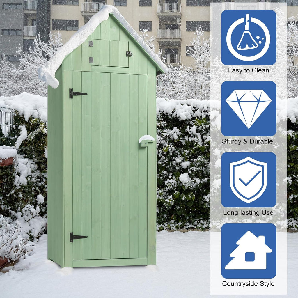 Outvita Outdoor Storage Cabinet, 70in Wooden Vertical Garden Tools Shed, Patio Storage Organizer with Latch & Waterproof Roof for Yard Deck Lawn Farmland Equipment(Green)