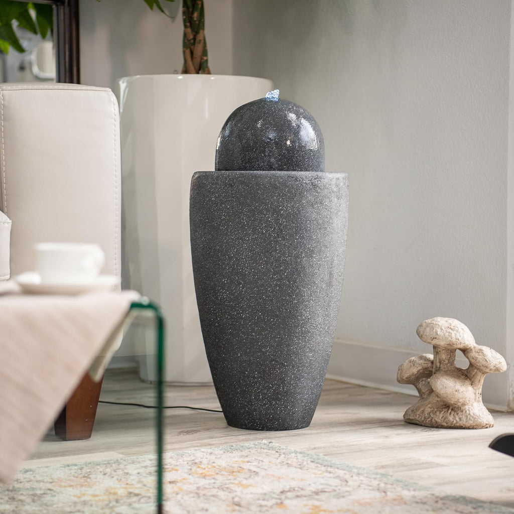 XBrand 25.98" H Round Stone Indoor/Outdoor Modern Stone Textured Sphere Water Fountain w/LED Lights, Gray