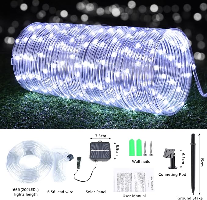 Solar Rope Lights, 2 Packs 66ft 200LED Solar String Lights, 8 Modes Waterproof Solar Powered Outdoor Lights, Flexible Clear Tube Light for Garden, Backyard, Patio, Deck, Porch, Pool,Tree Decor -White
