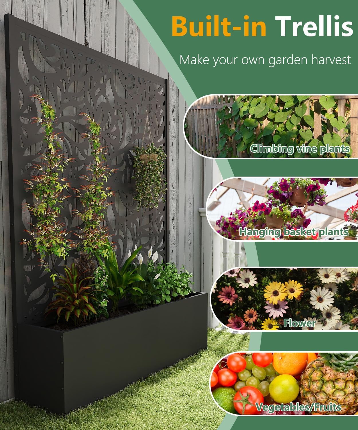 Metal Planter Box with Trellis,70.9"x47.2"x15.7" Raised Garden Bed with Drainage Holes, Privacy Planters for Outdoor Garden Bed for Climbing Plants,Vegetables,and Vines, Black-Flower