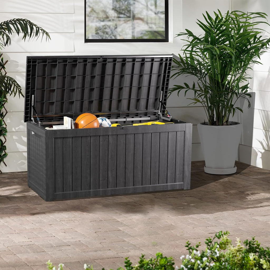 200 Gallon Lockable Resin Deck Box, Waterproof & UV-Resistant Outdoor Storage Box for Outdoor Cushion Storage, Garden Tools & Pool Accessories Storage, Black