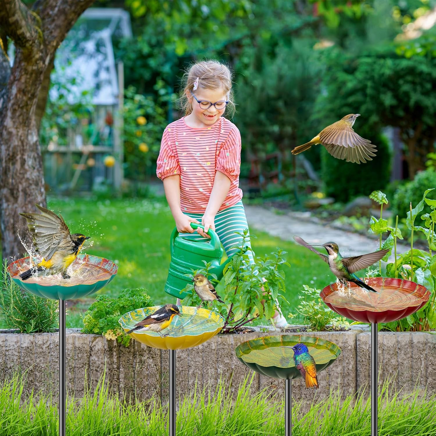 Metal Flower Bird Bath for Outside, Small Hummingbird Bath Bowl Detachable Birdfeeder Bowl Garden Decor for Outdoor Yard Lawn (4PCS-Flowers)