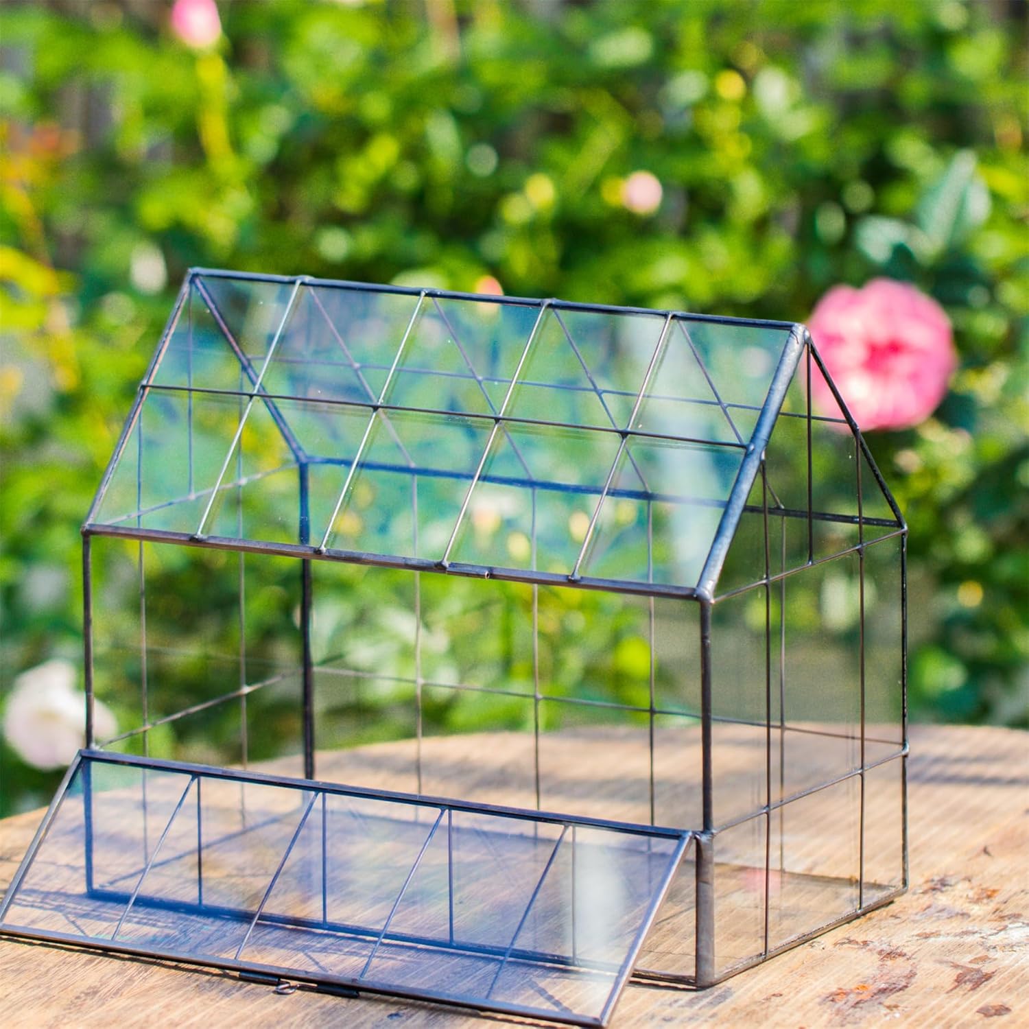 NCYP Geometric Glass Terrarium with Front Opening Door, House Shape Closed Micro Landscape Planter Box for Small Succulent, Cacti - Home Indoor Tabletop Decor, Handmade, Black (No Plants)