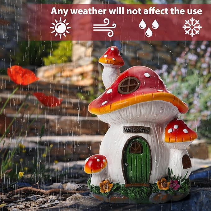 Mushroom House Garden Statue Outdoor, Solar Light Mushroom House Garden Figurines for Lawn, Balcony, Yard Decoration, Outdoor Garden Decoration