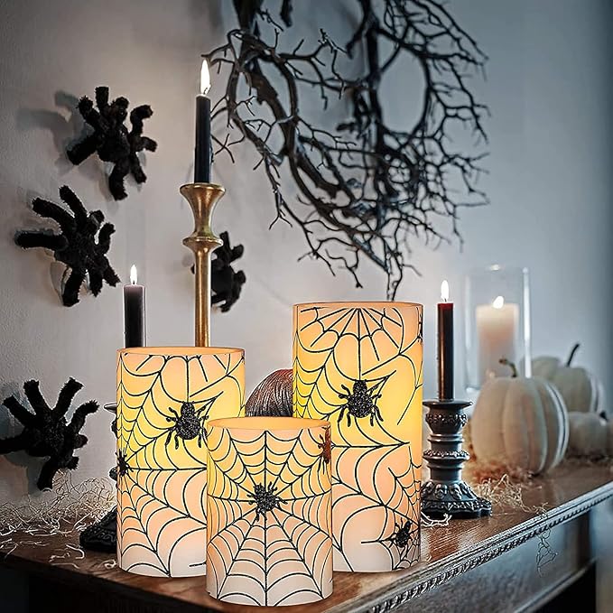 Spider Web Decor Flameless Candles Battery Operated with Remote Timer Haunted House Spooky Decorations Set of 3 Real Wax Black LED Flickering Candles Decorative for Halloween Decor Party