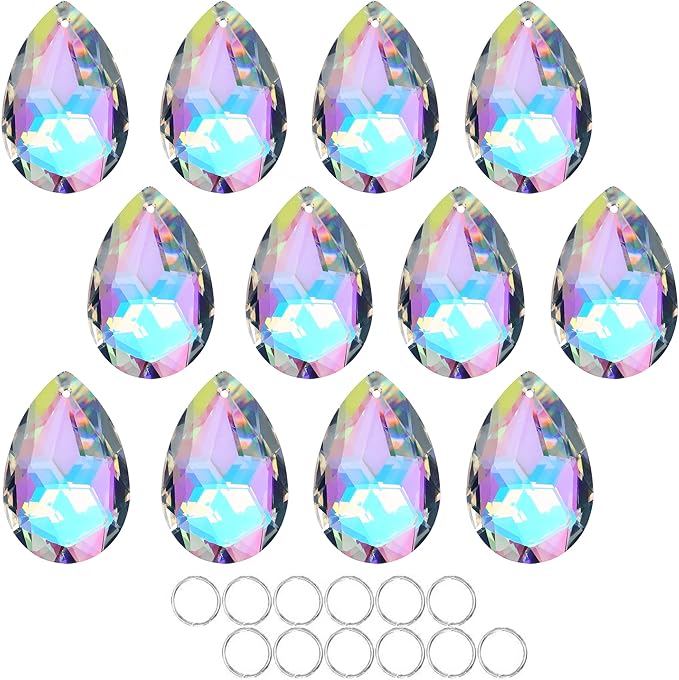 12 Pieces 50mm Crystal Prisms Chandelier Colorful Bauhinia Ornament Pendants Rainbow Maker Hanging Prisms for Wedding Party Tree Garlands Decoration DIY Jewelry