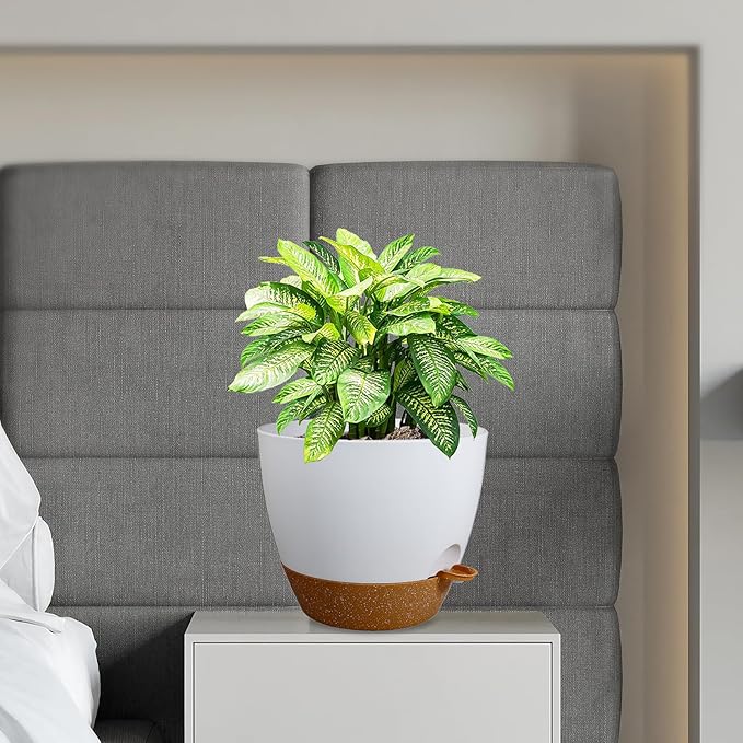 12 inch Large Self Watering Pots, Flower Plant Pots with Drainage Holes for Indoor Outdoor Garden Plants, Plastic Planters with Removable Deep Reservoir, White with Brown