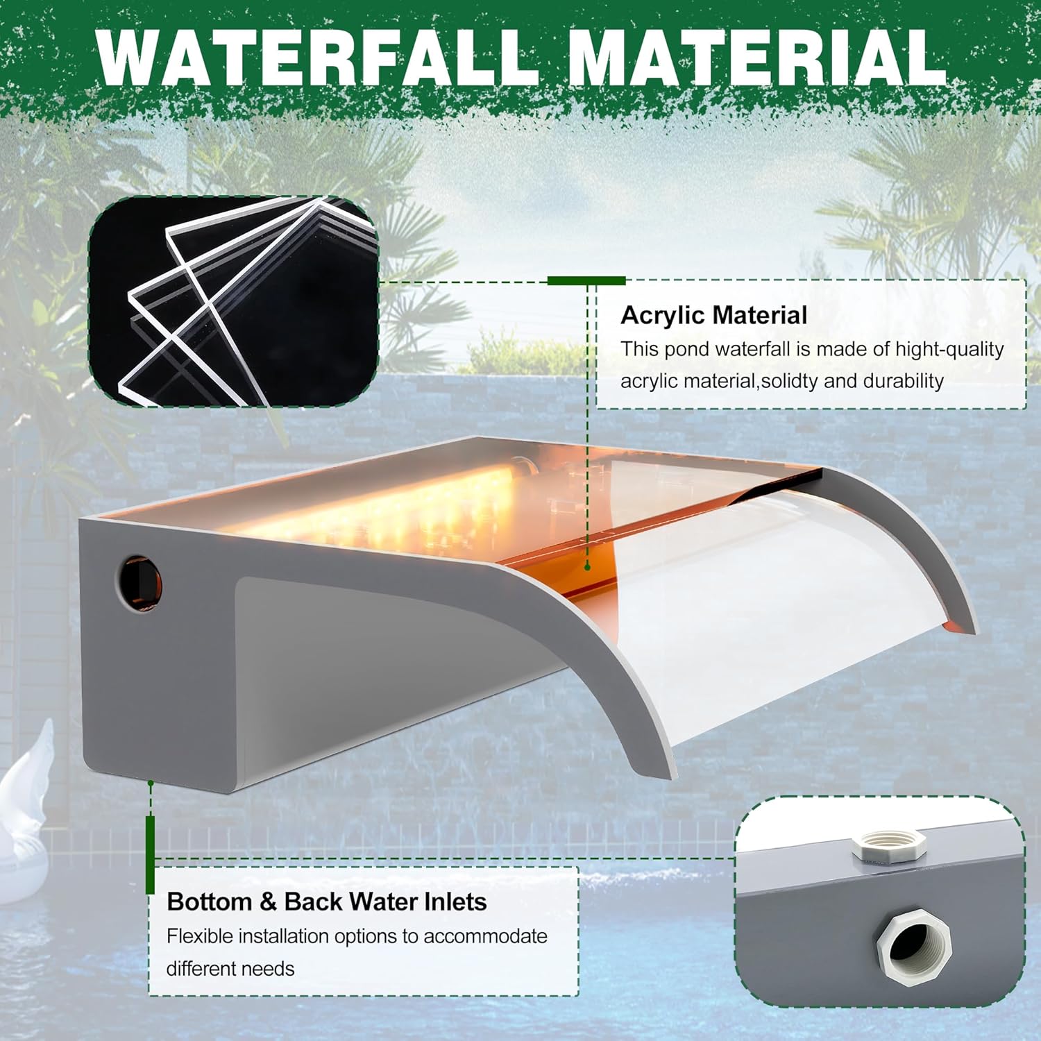 Waterfall Pool Fountain, LONGRUN Waterfall Spillway for Koi Ponds - 11.8" Transparent Acrylic Water Fall for Swimming Pool, Garden Pond, Patios, Spa Decoration