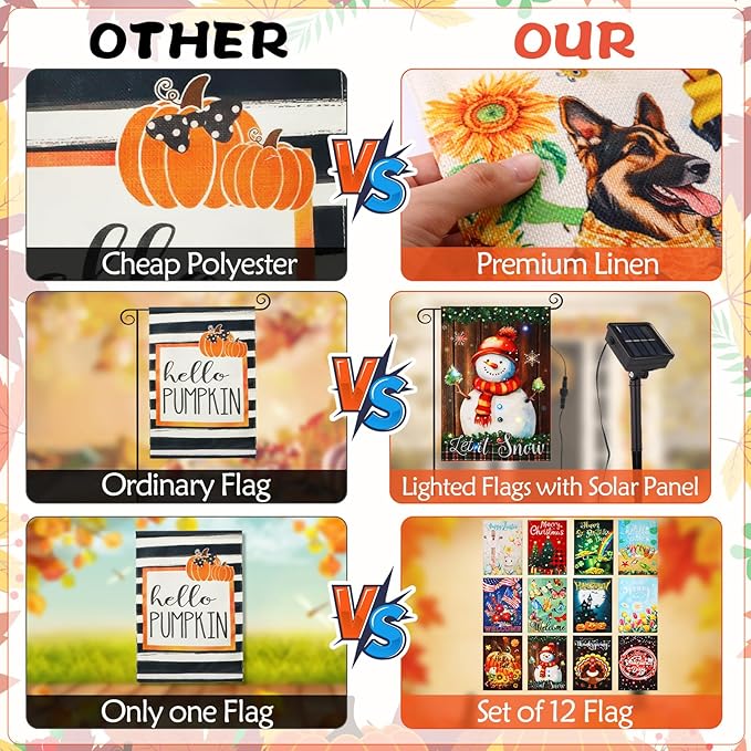 12 Pcs Solar Seasonal LED Garden Flags 12 x 18 Inch Double Sided Yard Flags Halloween Christmas Fall Thanksgiving Day Decorations Welcome Garden Holiday Yard Outside Lawn Decoration