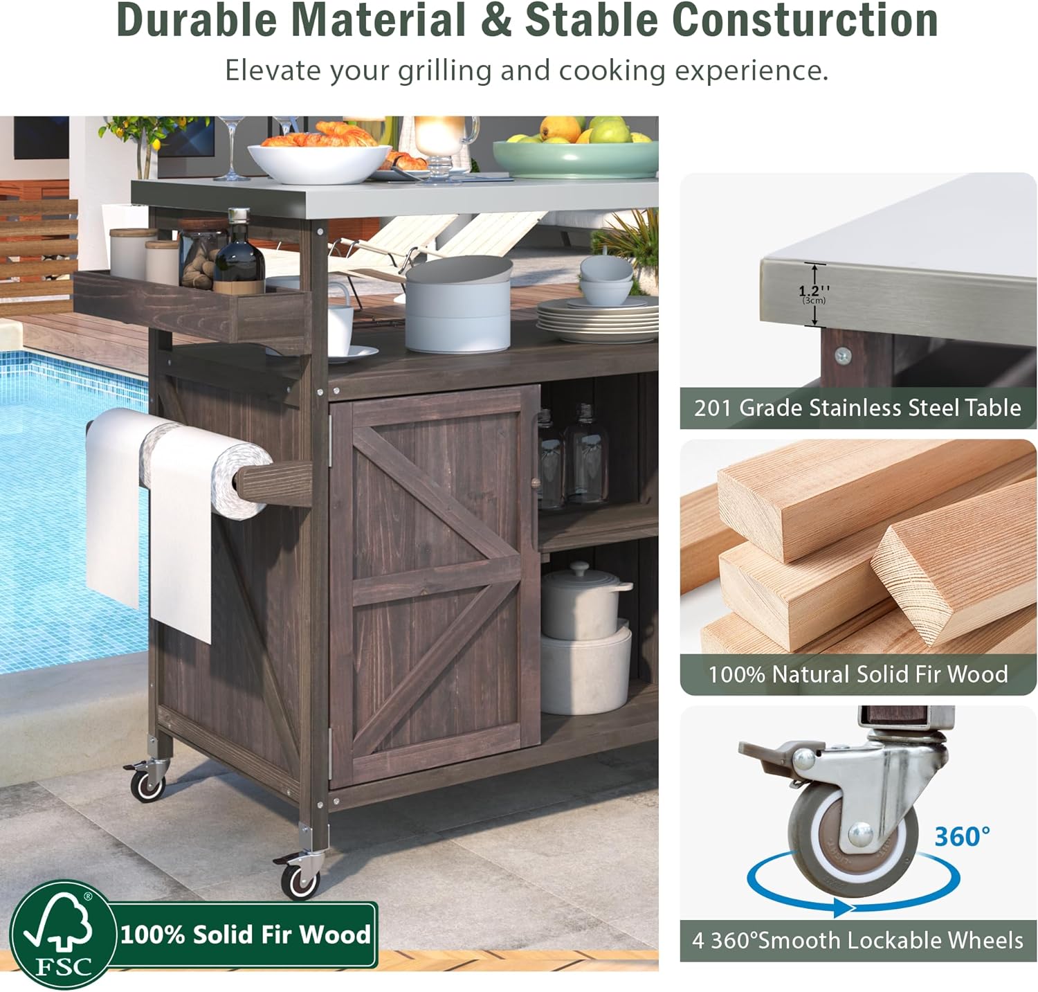 50.25" W Grill Cart with Stainless Steel Tabletop - Outdoor Storage Cabinet for BBQ, Bar Patio Kitchen Island with Ample Storage and Lockable Wheels