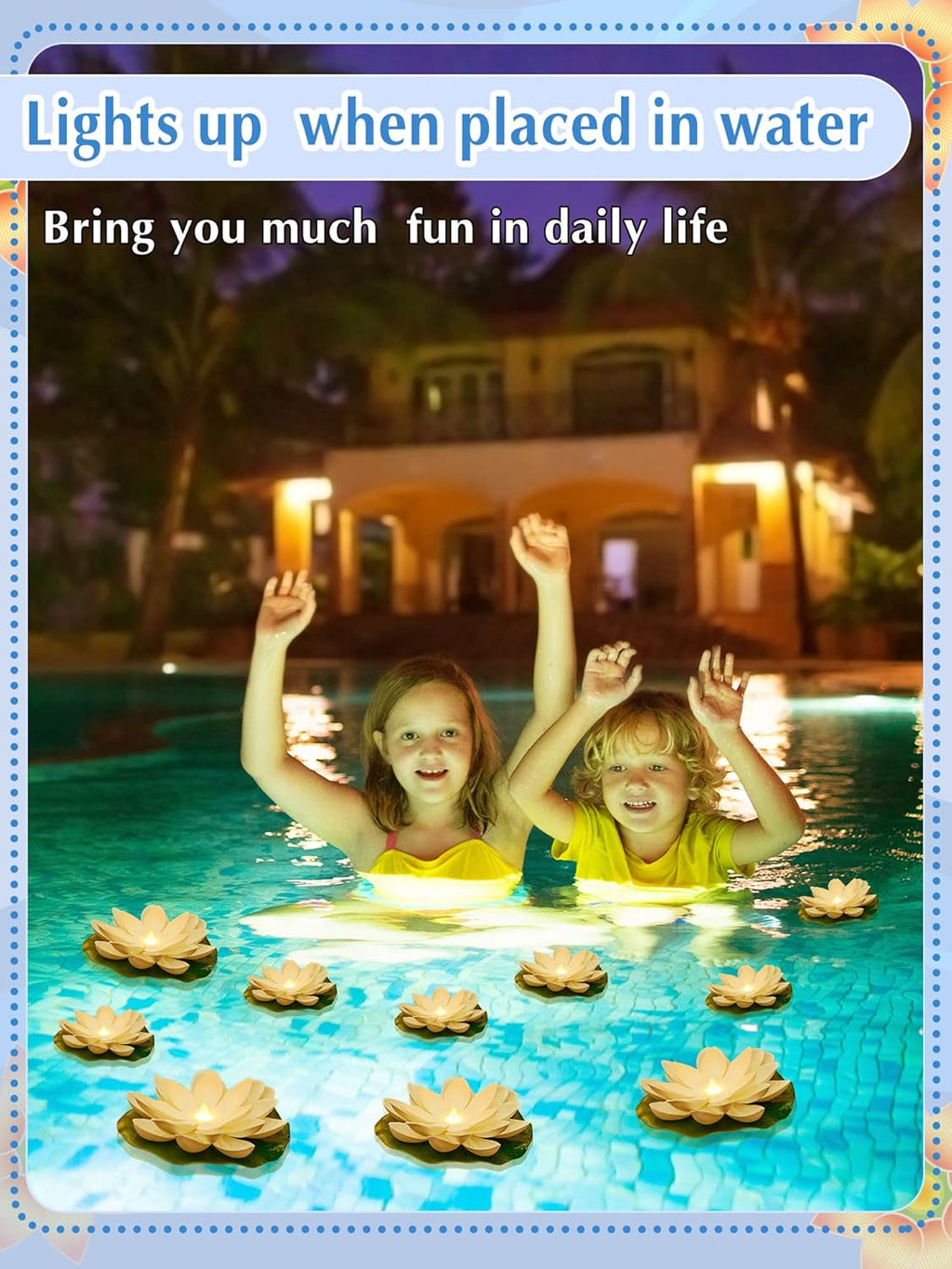 Hortsun 12 Pcs Floating Lotus Lights with Batteries Lily Pads Pool Flowers Diwali Pooja Decorations Floating Candles Decor for Pool Pond Outdoor Indoor(3.94/5.91 Inch,White)