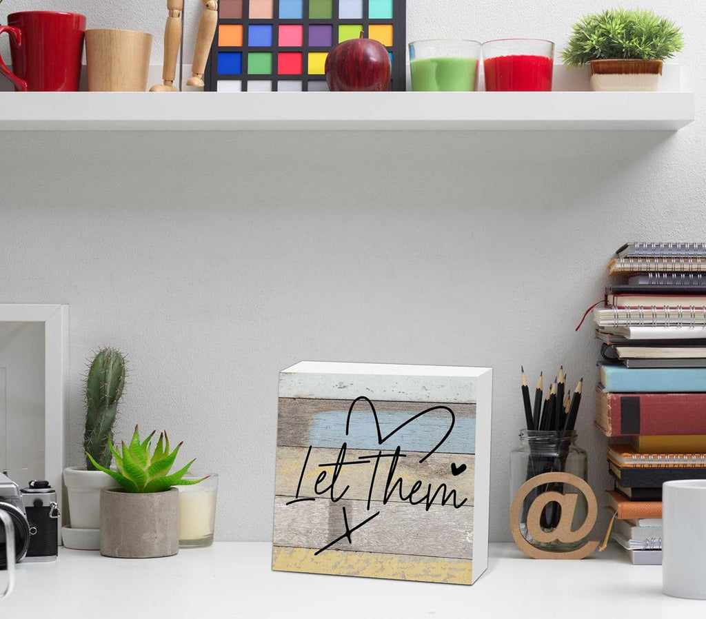 Let Them Wooden Sign, Office Decorations for Work, Let Them Mental Health Rustic Wood Box Signs 5x5 Inch, Desk Shelf Tabletop Decor for Home Cubicle Decor, Office Gifts for Coworkers Women, 14
