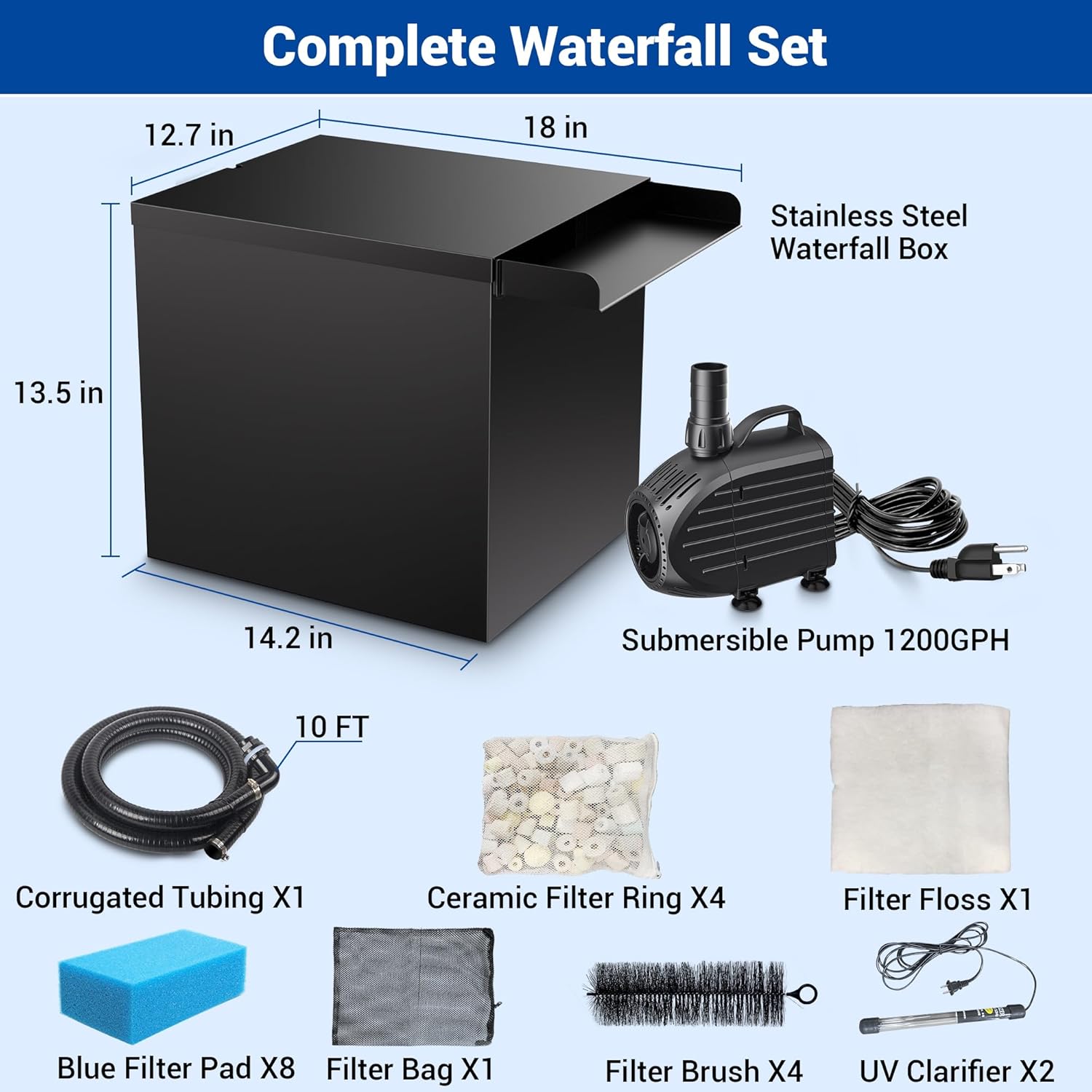 NFESOLAR Large Waterfall Filter System, Pond Filter Waterfall Kit Stainless Steel for Ponds and Streams up to 4,500 Gallons, Includes 5-Stage Filtration System, 1200 GPH Water Pump N4333