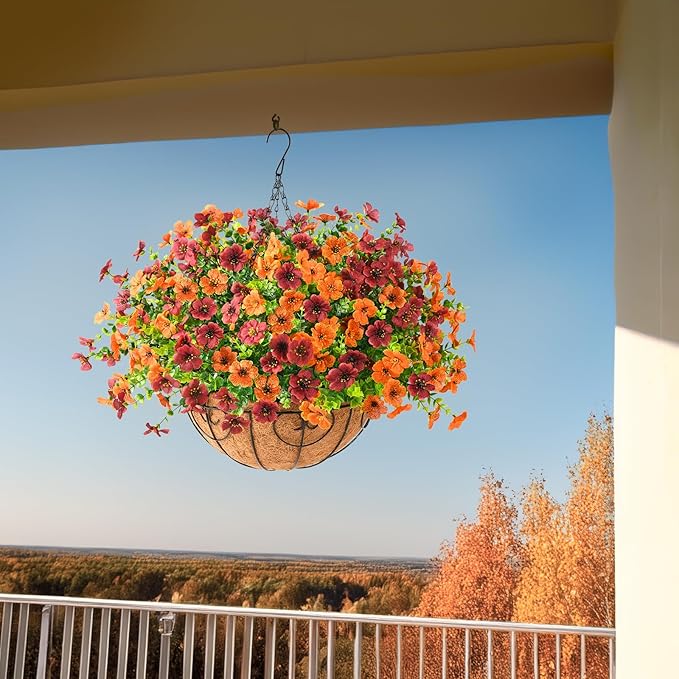 Artificial Fake Hanging Plants Flowers Basket, Faux Silk Daisy in Planter Realistic UV Resistant for Outside Home Patio Balcony Yard Spring Outdoor Decoration (Orange Brown)