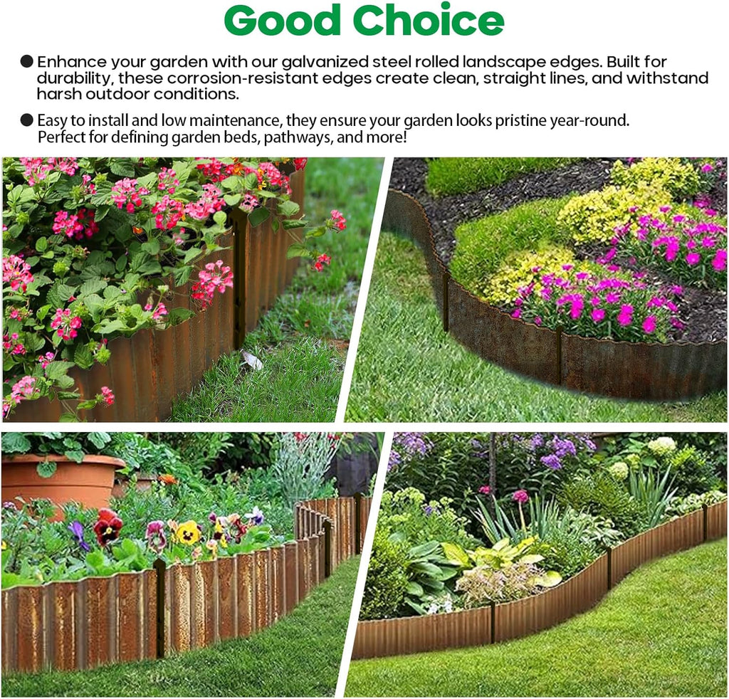 Corrugated Metal Garden Edging, Sturdy Tall Landscape Edging Borders, Perfect DIY for Flower Beds, Lawn and Pathway,Tree Surrounds,Paver Edges (Pre-Rusted, 8"×20FT)