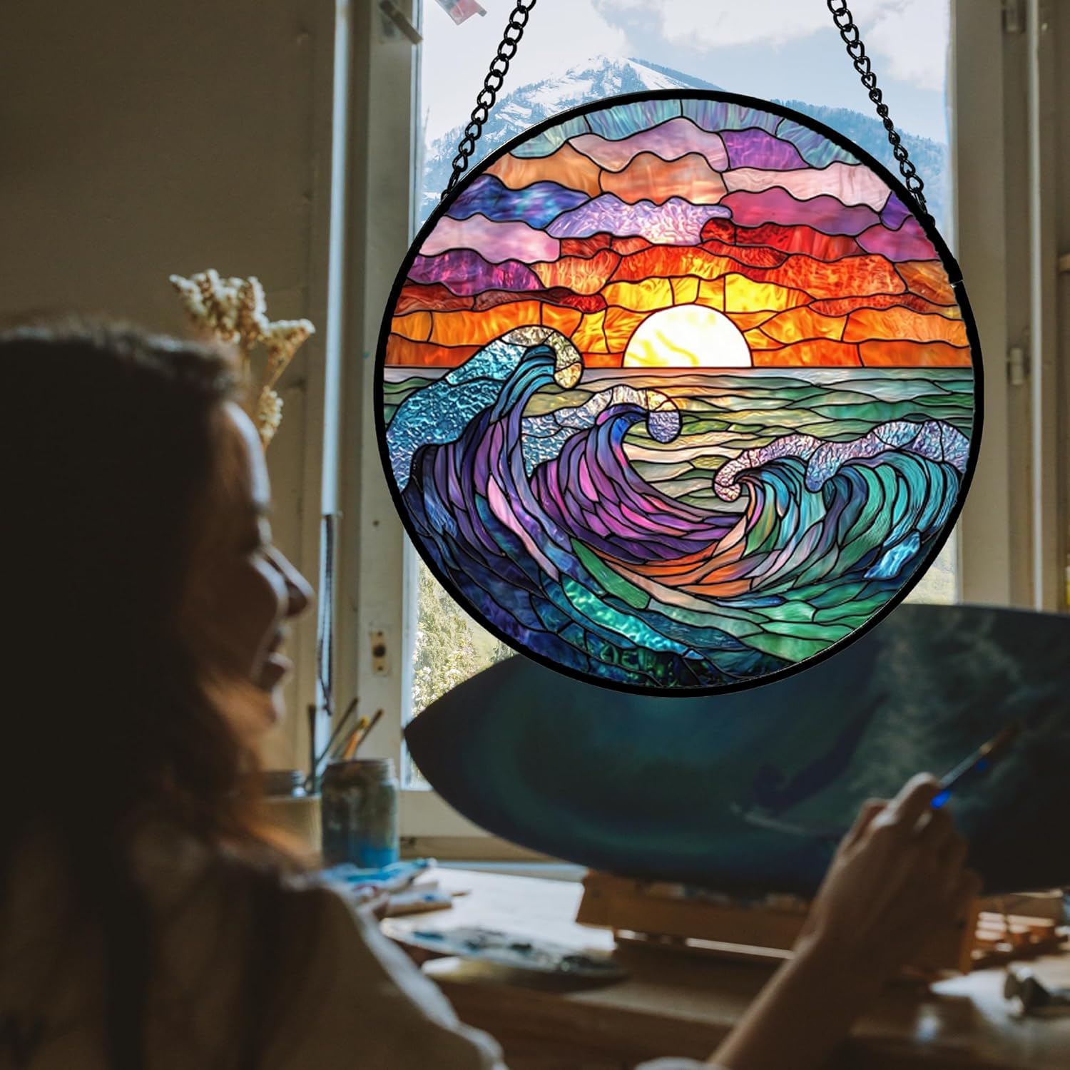Stained Glass Window Hanging, Clouds and Sea Waves Suncatcher Diamond Glass Panel Hangings Scenery Sun Catchers Decor for Birthday for Women, Men, Wife, Aunt, and Mom 14.9 in