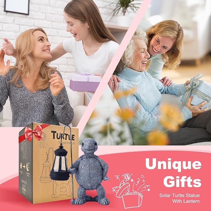 Garden Turtle Statue with Solar Lantern - Outdoor Garden Decor for Outside Yard Patio Balcony Lawn Decor - Unique Gardening Gifts for Mom Grandma