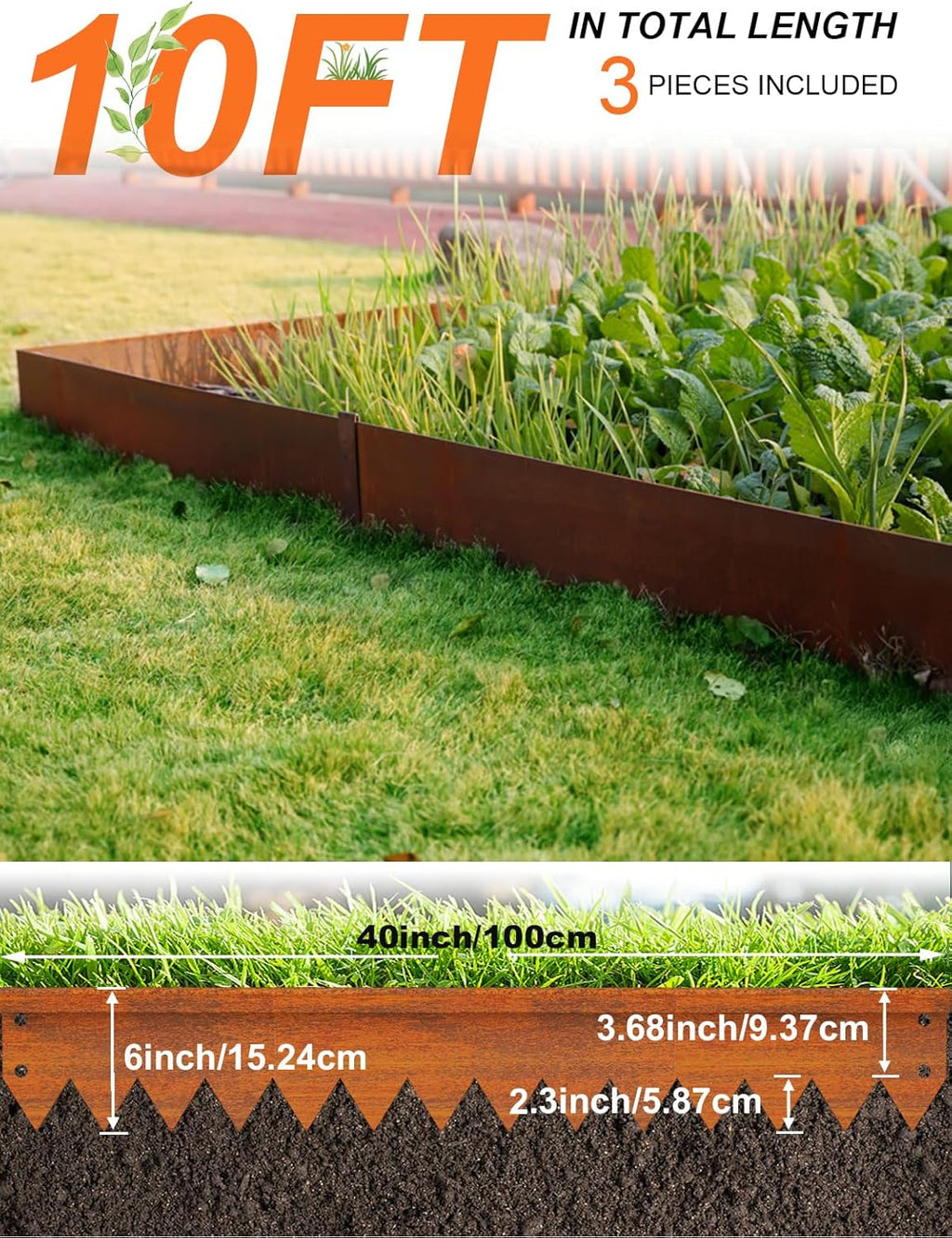 Vinci Landscape Edging Border, 40" L x 6" H 3Pack 10FT Total Rusted Corten Steel Garden Edging with Spikes, Sturdy Elegant Metal Lawn Broder for Flower Beds, Pathways, Paver Edges and Yard