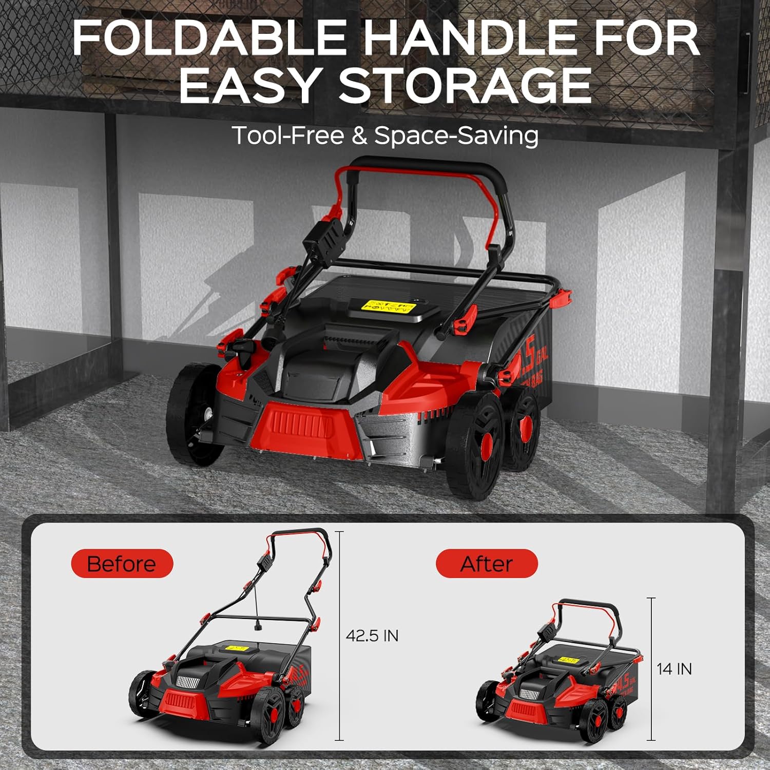 16-Inch 15.5 Amp 2-in-1 Electric Dethatcher and Scarifier with 14.5-Gallon Collection Bag, Lawn Dethatcher with 5-Position Adjustment, Quick-Fold, Keeps Lawn Healthy - Red