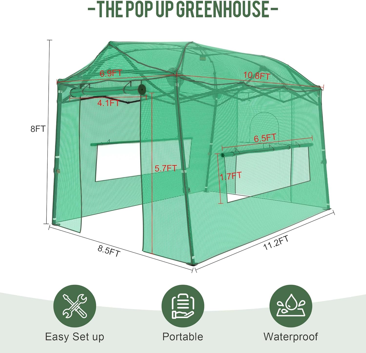 11 x 8.5 FT Walk-in Greenhouse, Portable Pop-up Green House 3 Adjustable Hights Heavy Duty Plant Gardening Canopy with Durable PE Cover for Indoor Outdoor (Clear and Green)