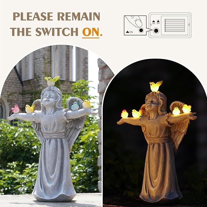 MININOVA Solar Angel Garden Statue with Birds Outdoor Solar Light Decorations Resin for Yard Patio Porch Balcony Housewarming Birthday Gifts for Women