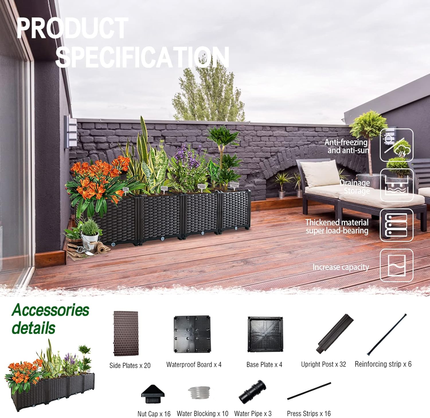 Garden Boxes Outdoor Raised Beds for Gardening Rectangular Planter Boxes Outdoor Planter Garden Box with Drain Outlet, Easy Assembly