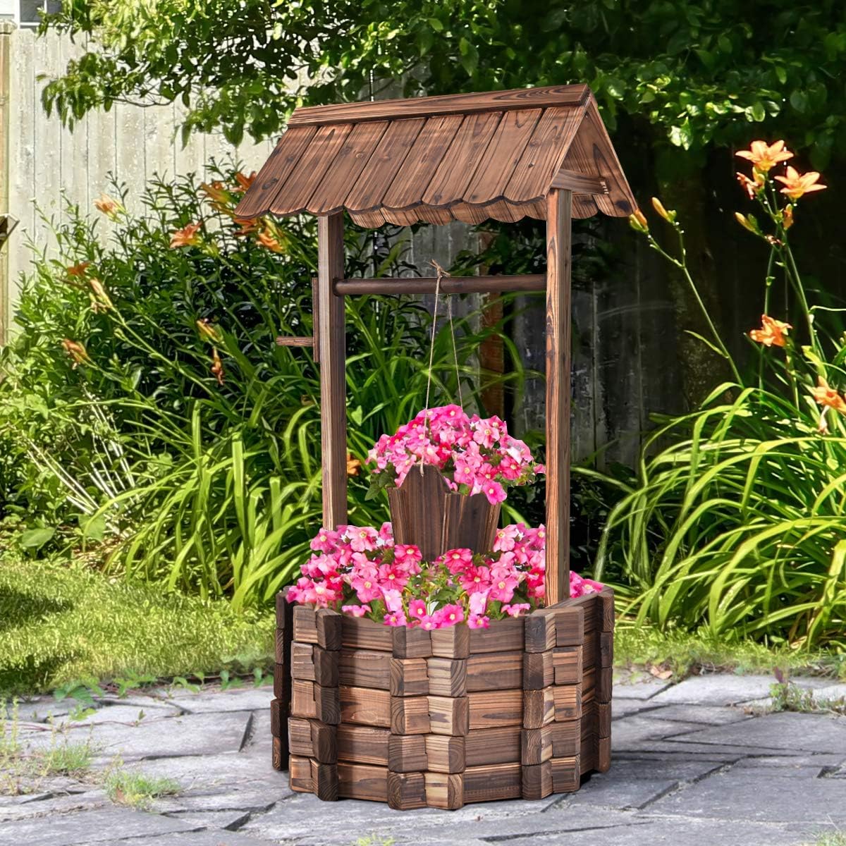 S AFSTAR Outdoor Wishing Well Planter, Wooden Rustic Flower Planter w/Hanging Bucket, Outside Decorations for Yard Garden Patio