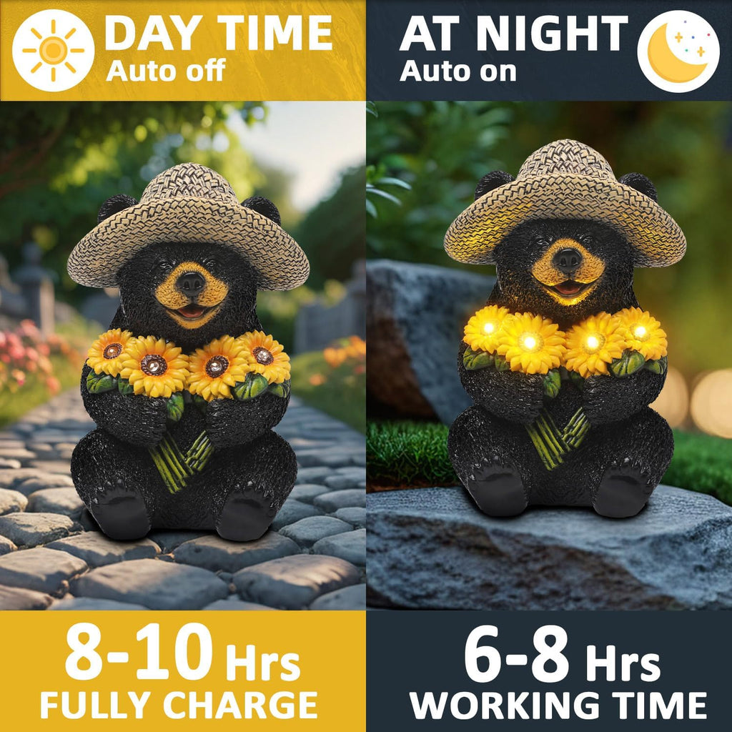 Solar Garden Decor Statues 7.5" Resin Black Bear Figurines with Sunflowers Featuring Straw Hat Waterproof Bear Decor for Outside Yard Patio Porch Decoration Gift for Mom Grandma