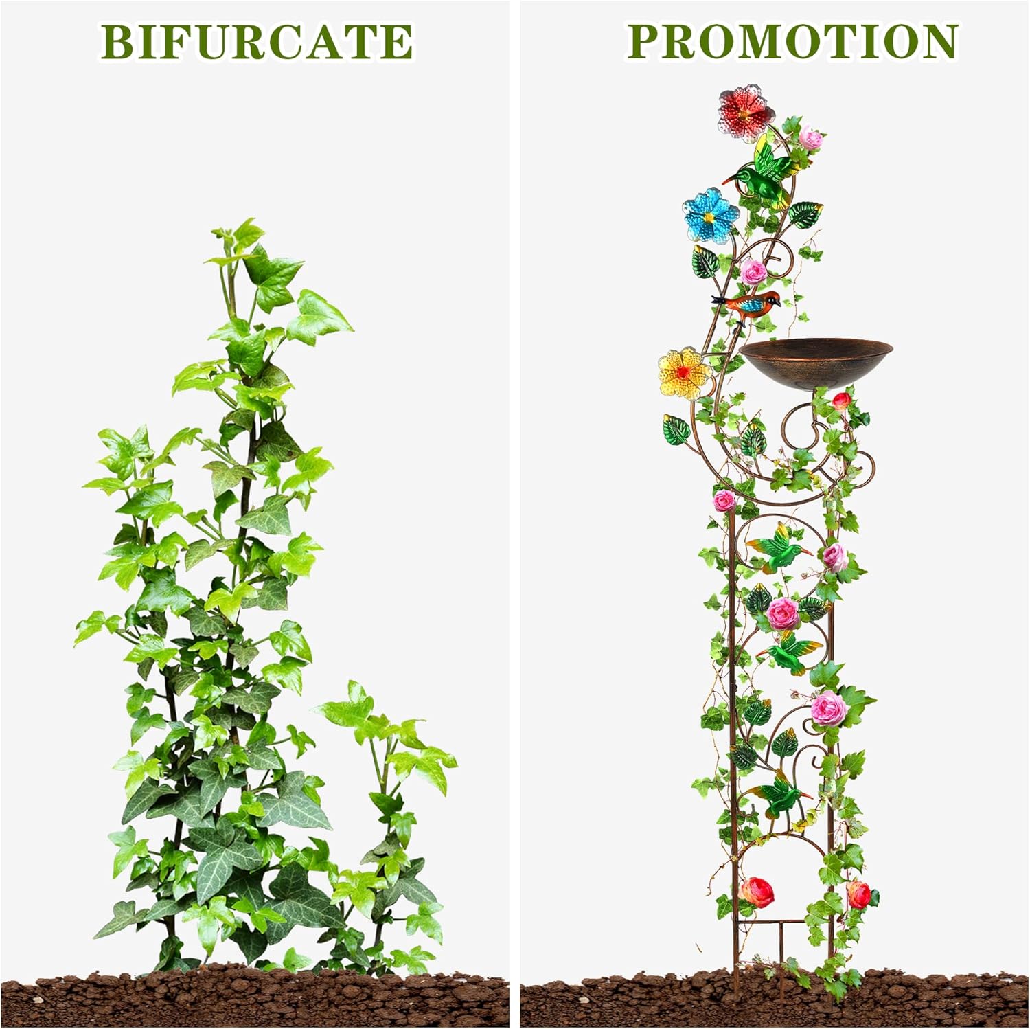 57” Bird Bath with Garden Trellis for Climbing Plants Outdoor, Small Decorative Metal Birdbath Bird Baths, Hummingbird (Hummingbird)