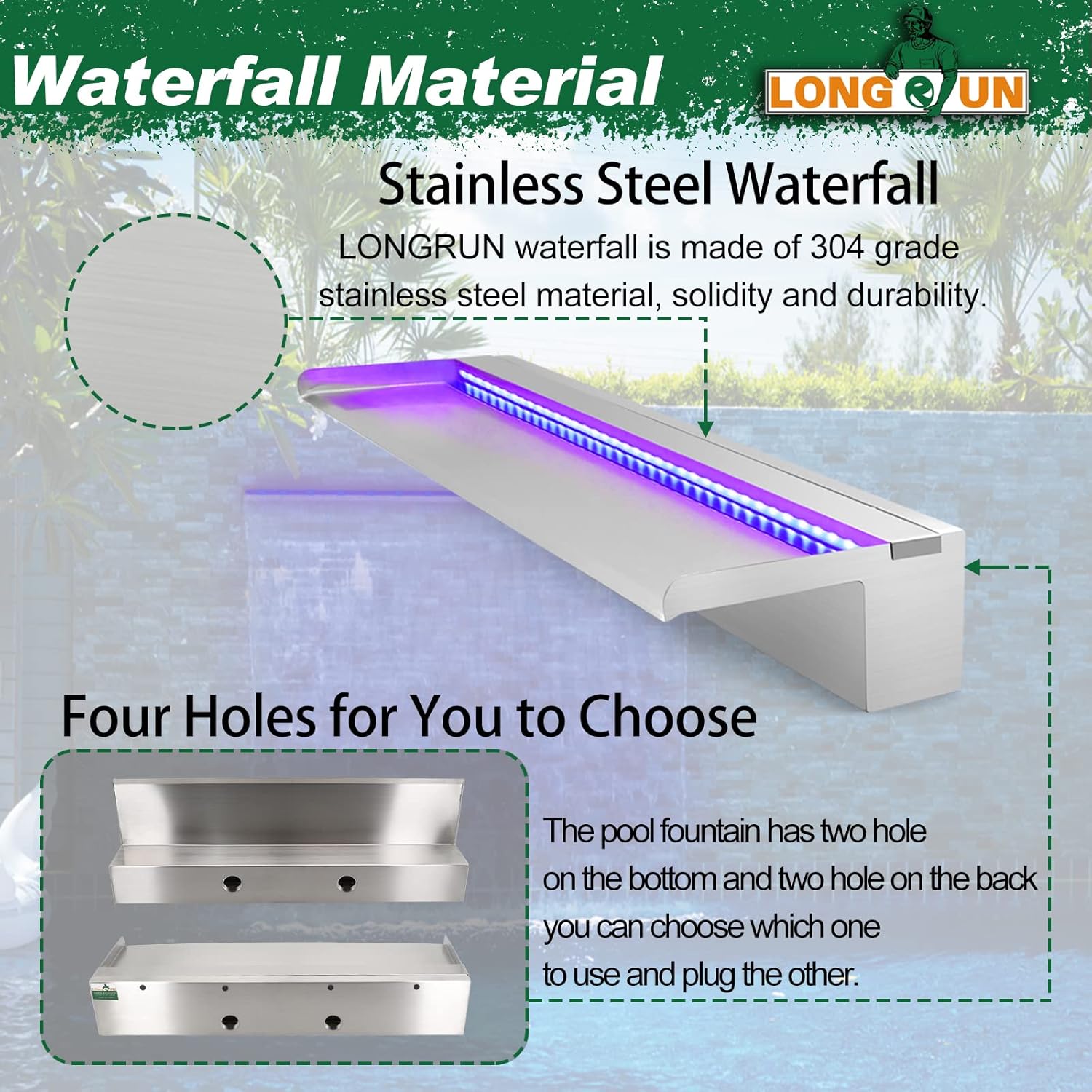LONGRUN Stainless Steel Waterfall Spillway, APP Control Multi-Color LED Light Outdoor Pool Fountain, Water Spillway Koi Pond Waterfalls Fountains Kit for Garden Patio Swimming Pool Decoration-35.4"