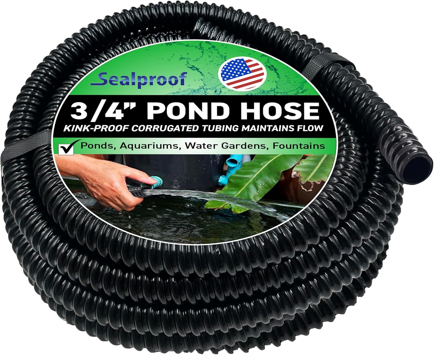 Sealproof 3/4" Dia Corrugated Pond Tubing 3/4-Inch ID, 20 FT Long, Black Kink Free Strong and Flexible Made in USA PVC Tubing