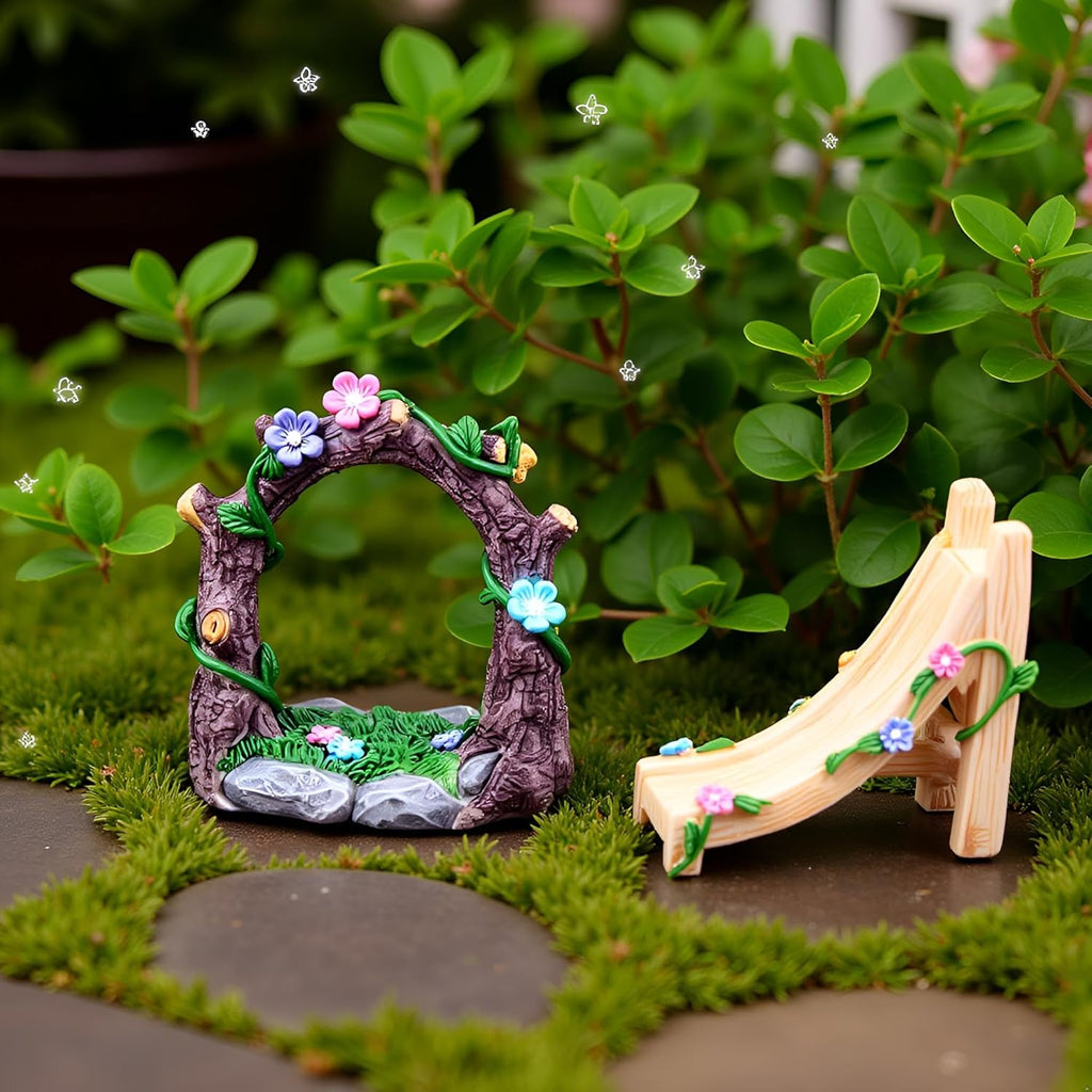 Kai Dream Miniature Fairy Garden Accessories Set, 3 Piece Resin Decorative Landscape Kit with Arch, Bridge and Slide, Floral Garden Ornaments