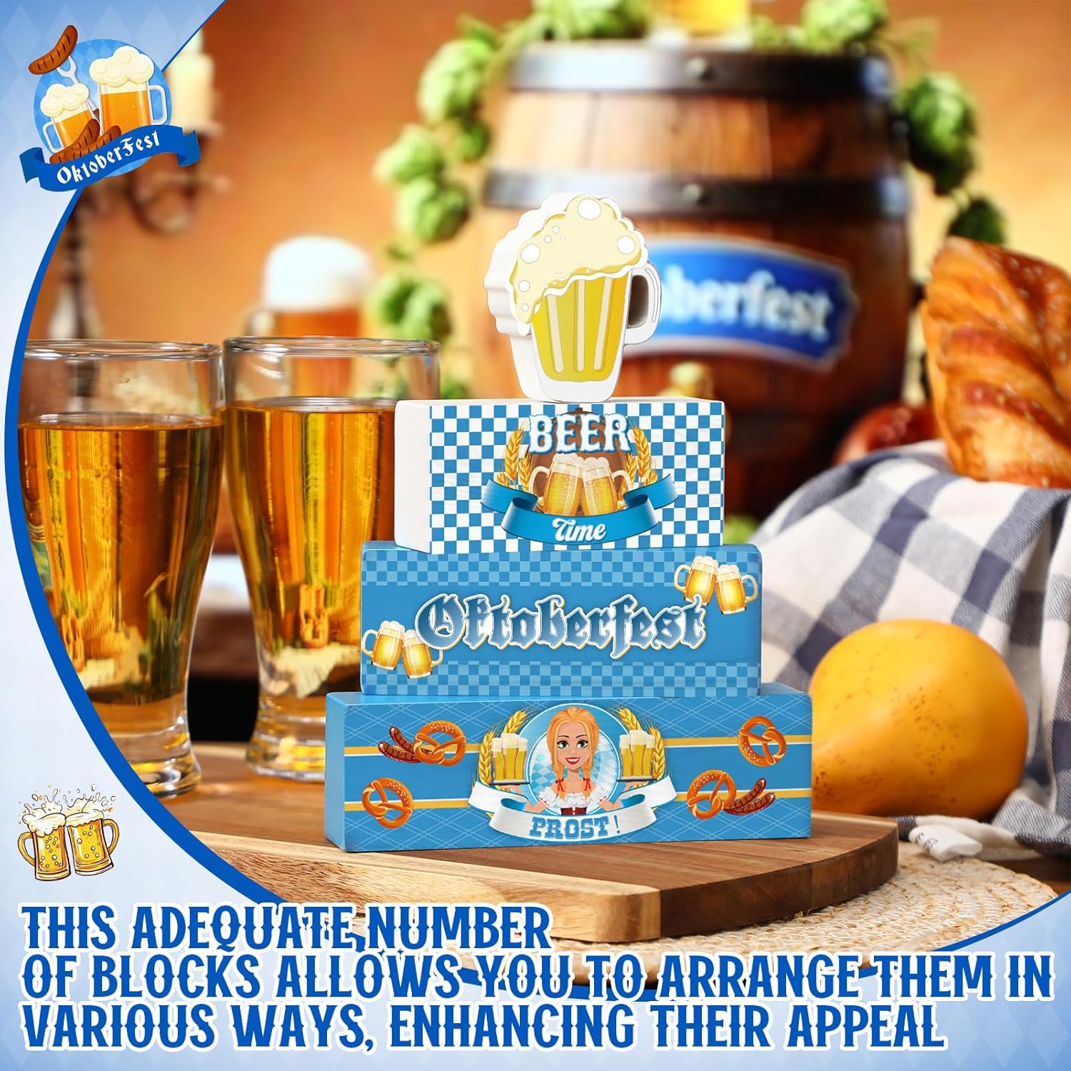 Yalikop 4 Pcs Oktoberfest Table Decorations Wooden Oktoberfest Tiered Tray Decorations October Festival Wooden Block Centerpieces for Tables for Home Shelf