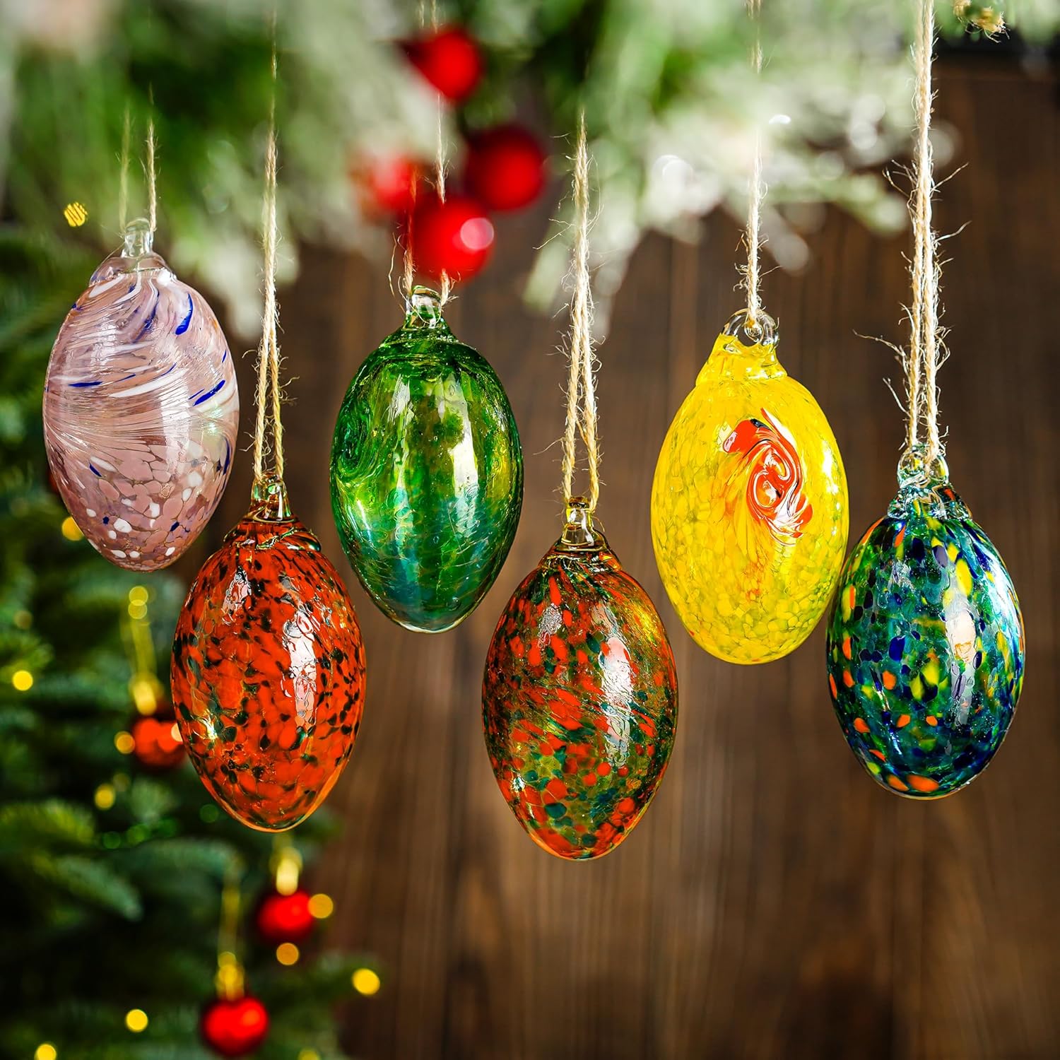6PCS Hand Blown Glass Egg Ornaments Colorful Hanging Ornament Balls Gazing Ball Friendship Ball Decor for Garden Patio Window Christmas Tree