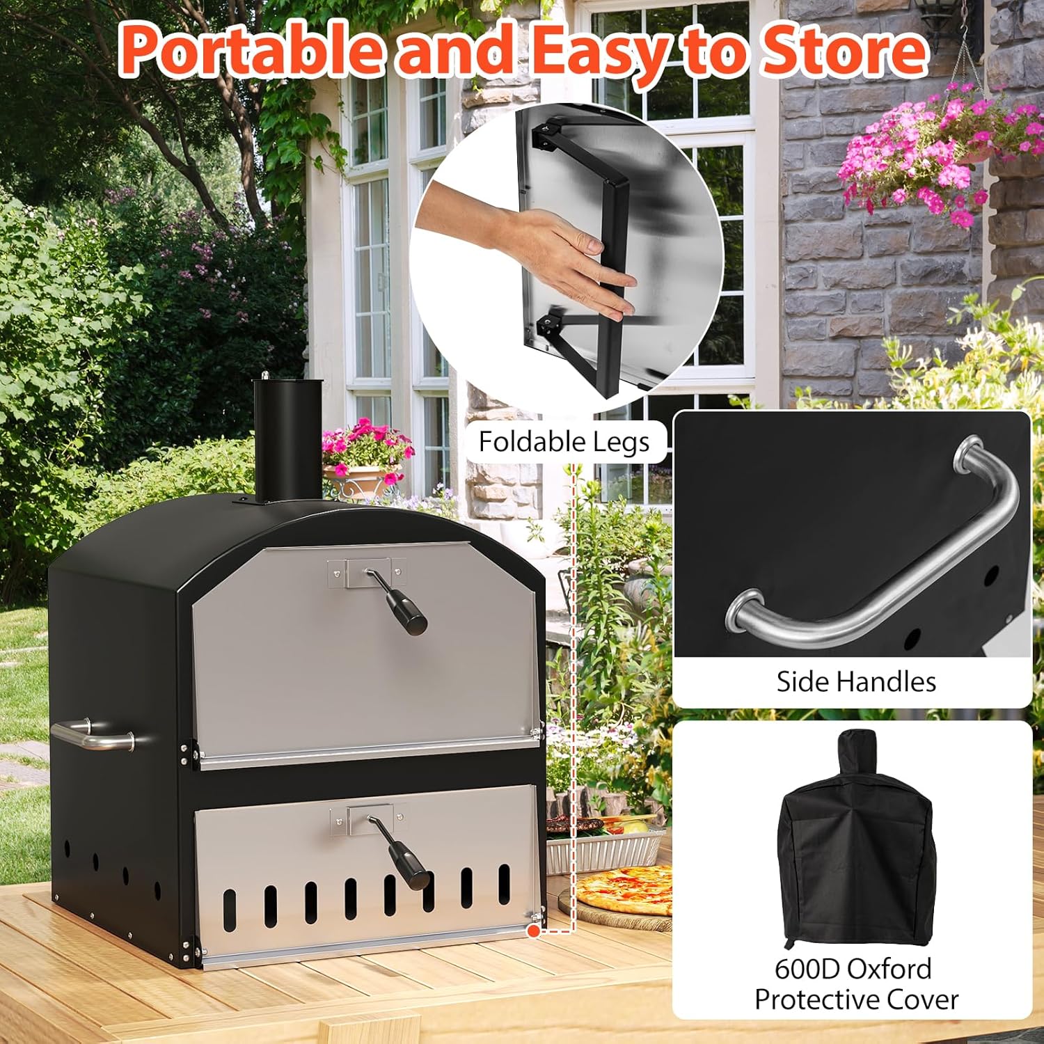 Happygrill Pizza Oven Outdoor, 16” 2-Layer Wood Fired Pizza Maker with Stone, Peel & Grill Racks, Portable Burning Stove with Folding Legs and Cover for Camping Patio Backyard BBQ