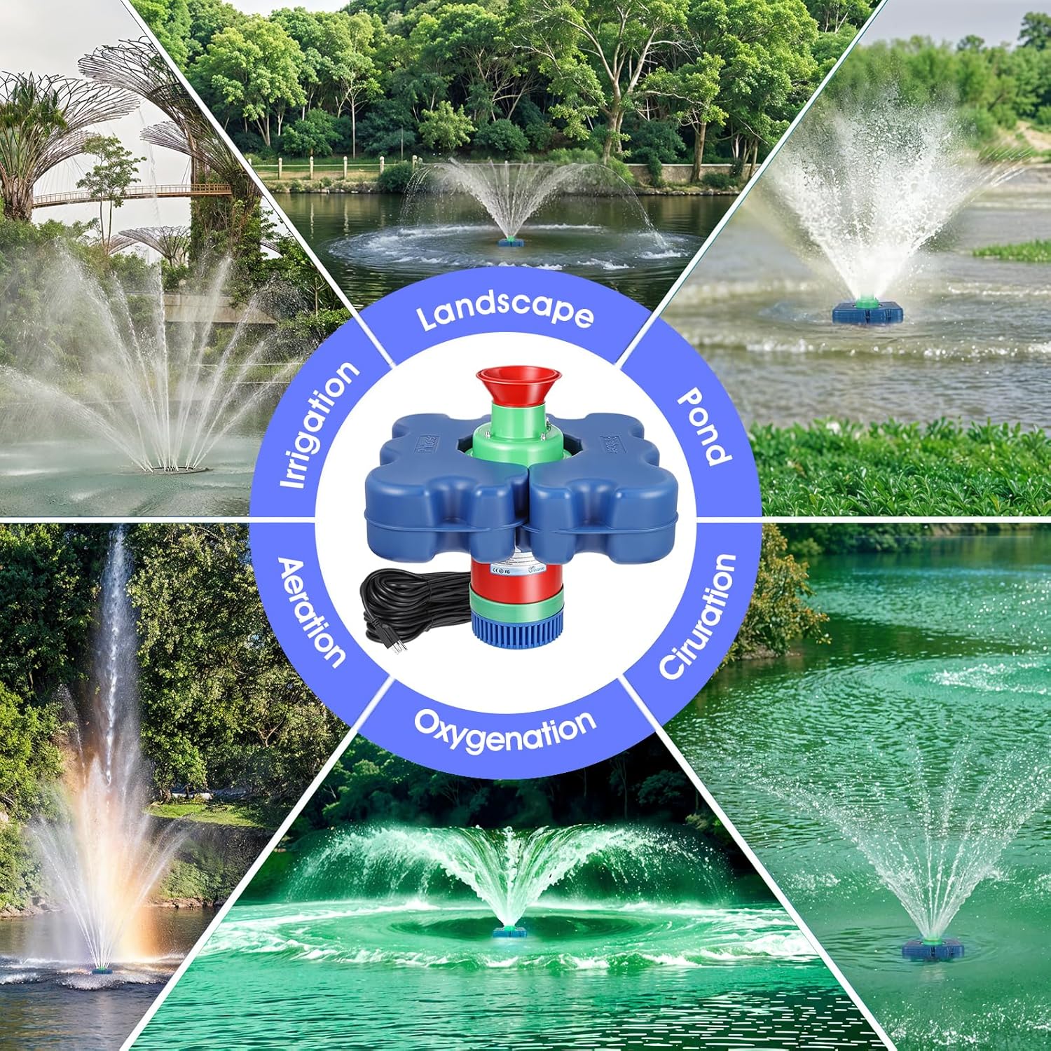 Pond Fountain Aerator with Time Controller-15000 GPH,110V 1HP 750W Floating Fountain Aeration System for Large and Small Ponds,Aerator Water Pump for Outdoor Ponds & Lakes with 15A/100FT Power Cord