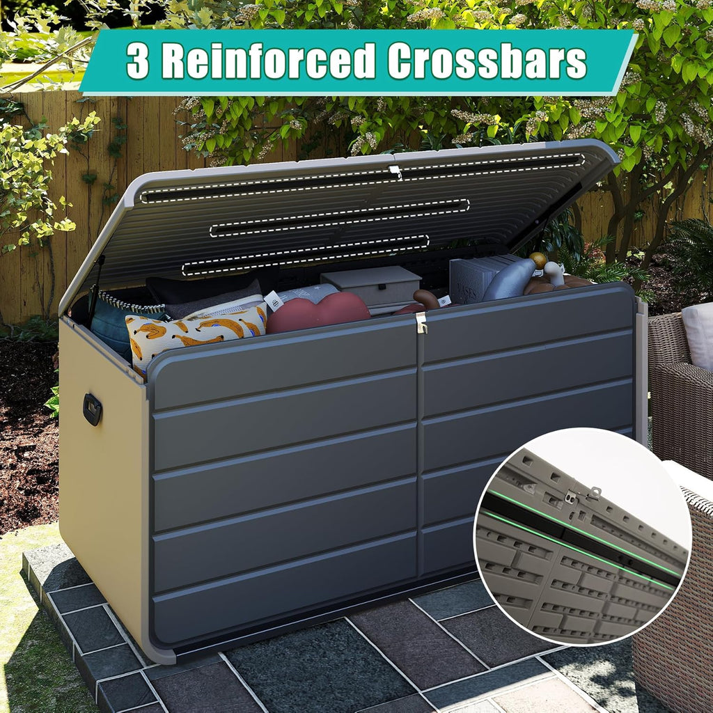 Domi 260 Gallon Resin Deck Box, Waterproof & UV-Resistant Outdoor Large Storage Box Lockable Storage Bin for Patio Cushions Pool Supplies Garden Tools and Delivery Storage