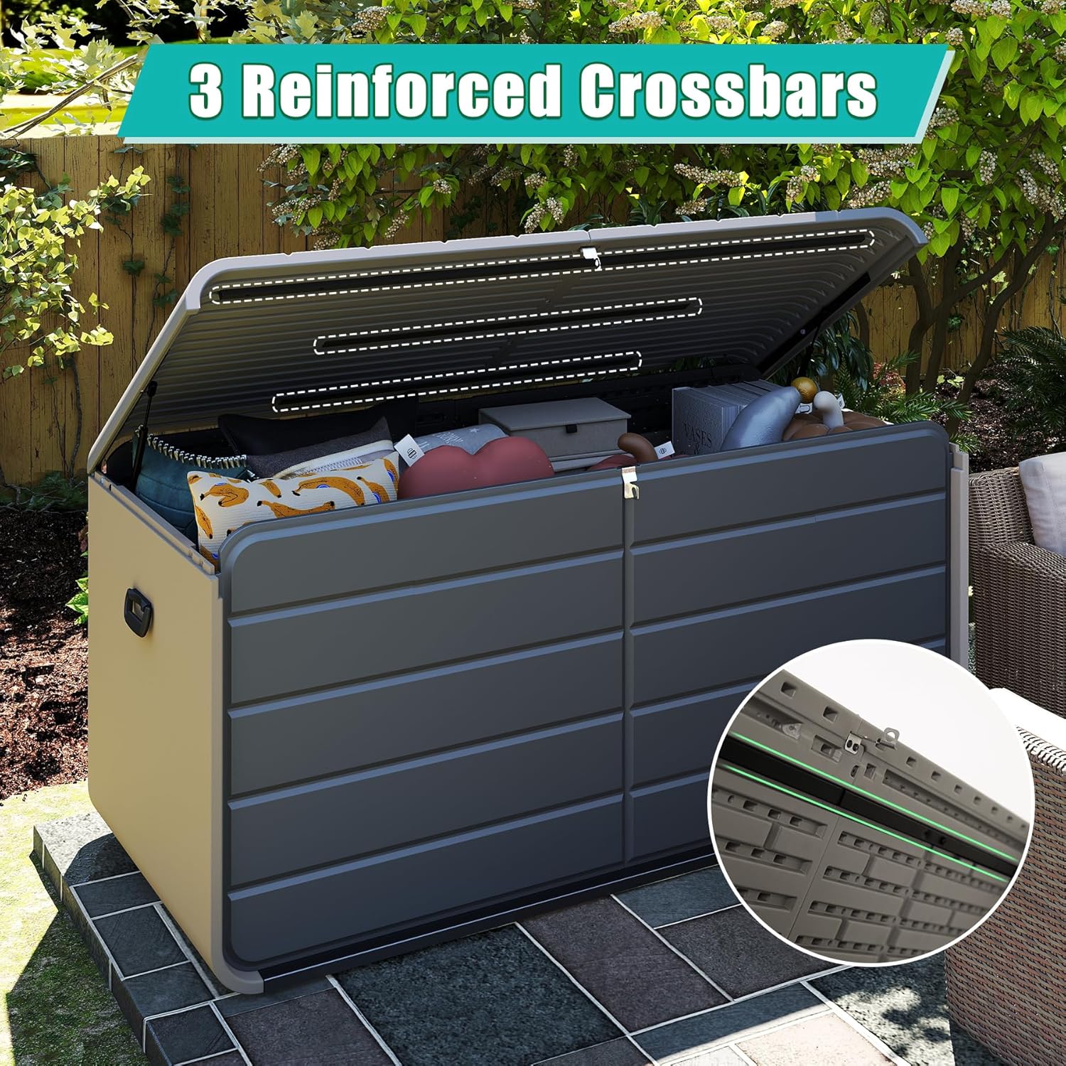 Domi 260 Gallon Resin Deck Box, Waterproof & UV-Resistant Outdoor Large Storage Box Lockable Storage Bin for Patio Cushions Pool Supplies Garden Tools and Delivery Storage