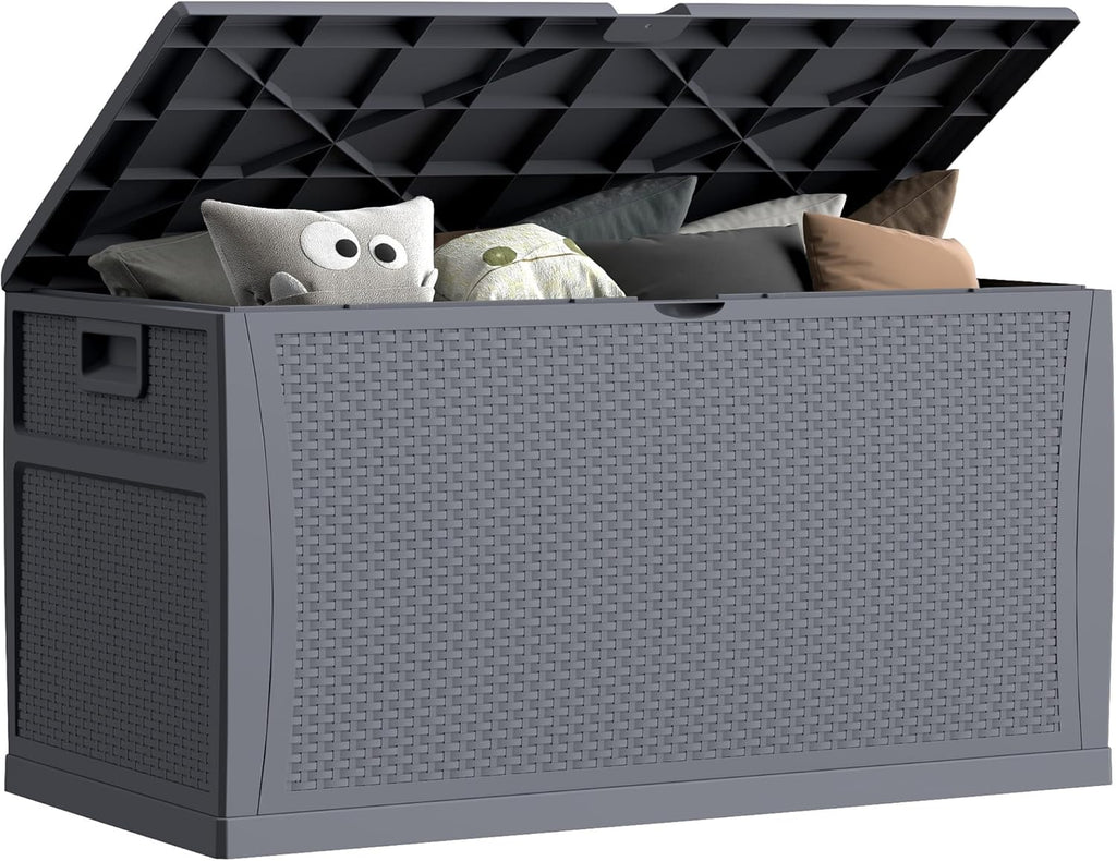 121 Gallon Outdoor Storage Box Large, Lockable Outside Storage Containers Waterproof Patio Cushions Deck Boxes, Rattan Plastic Garden Hose Boxes Resin Pool Storage Bins, Grey