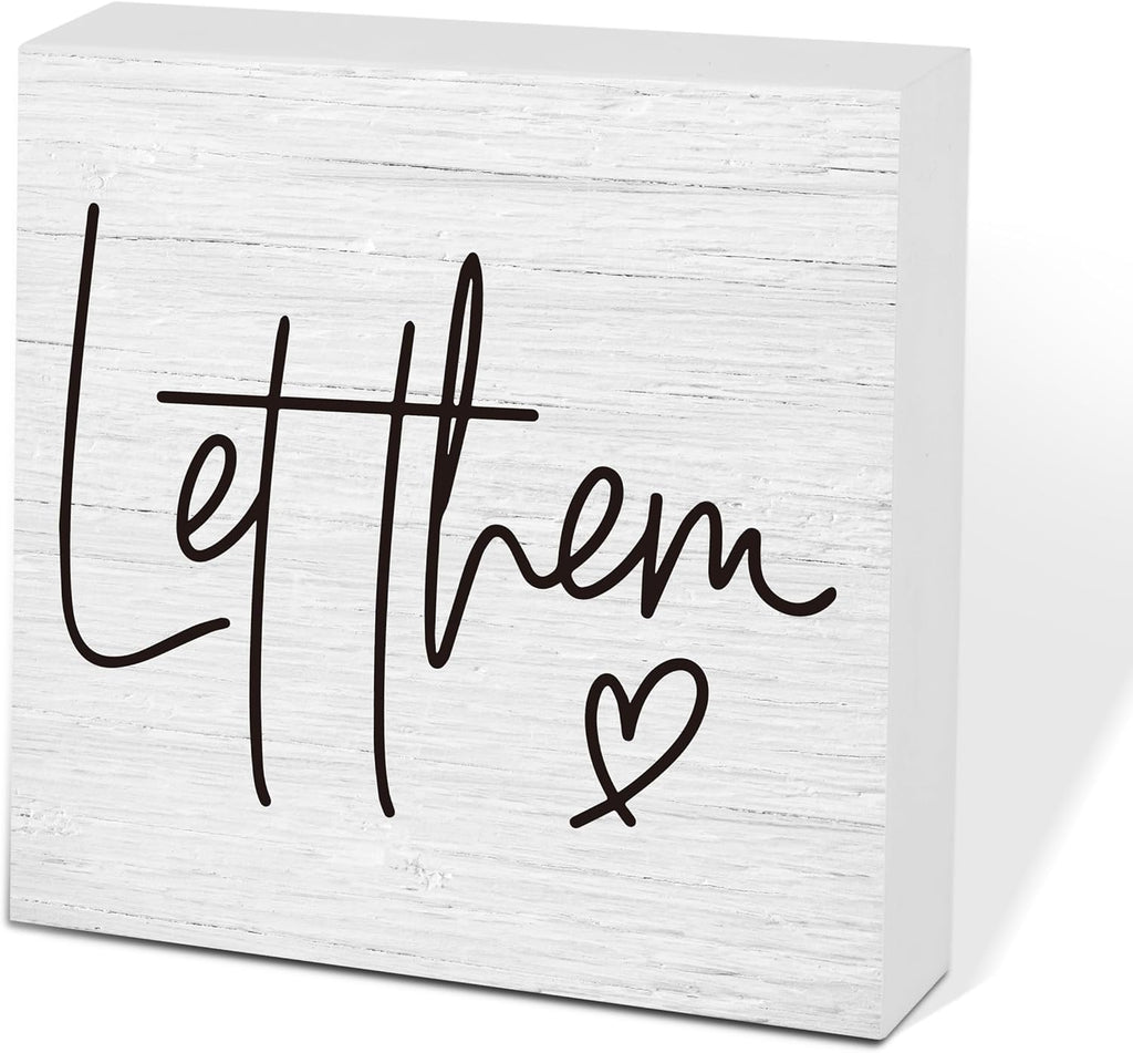 Let Them Wooden Sign, Desk Decorations For Women Office, 5x5 Inch Farmhouse Funny Office Decor Wood Box Sign, Desk Shelf Cubicle Accessories, Appreciation Gifts for Coworkers Boss, 04