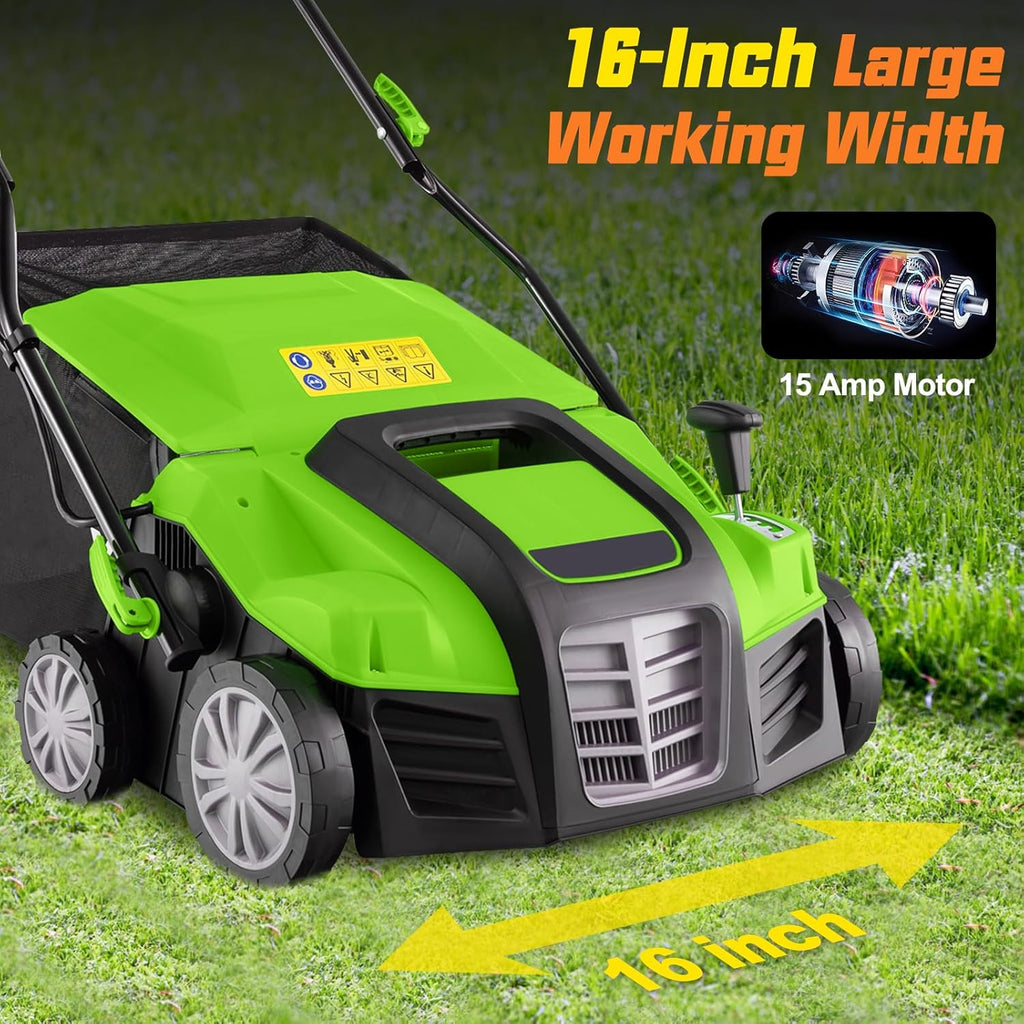 Goplus 2-in-1 Scarifier and Lawn Dethatcher, 16-Inch 15A Corded Electric Dethatcher w/ 14.5-Gal Collection Bag, 3-Position Height Adjustment & 5-Position Depth Adjustment, for Grass Garden Yard
