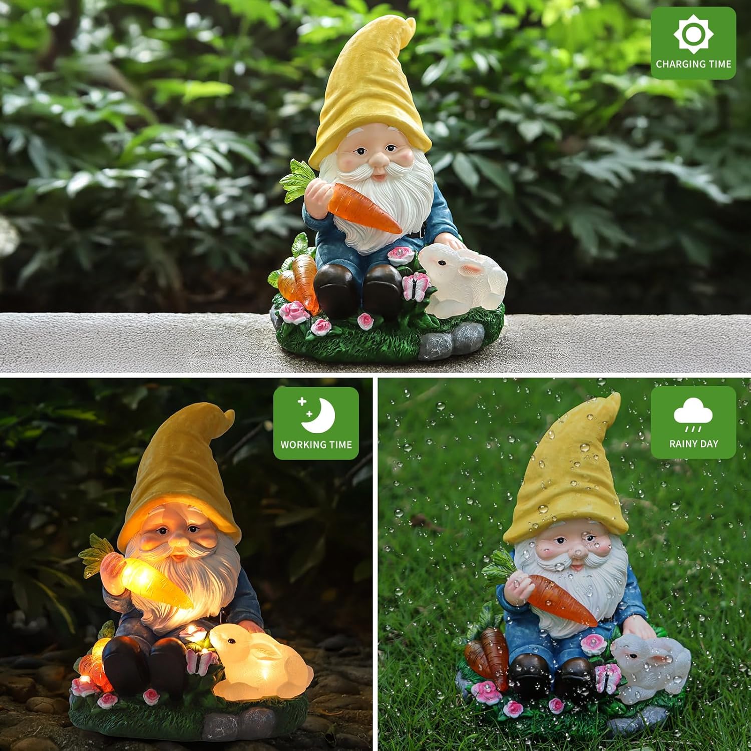 Solar Garden Outdoor Statues Gnome Feeding Rabbit with 6 LED Solar Figurine for Lawn,Patio,Balcony,Yard Decor Unique Housewarming Gift, for Grandfather, Father,Grandma