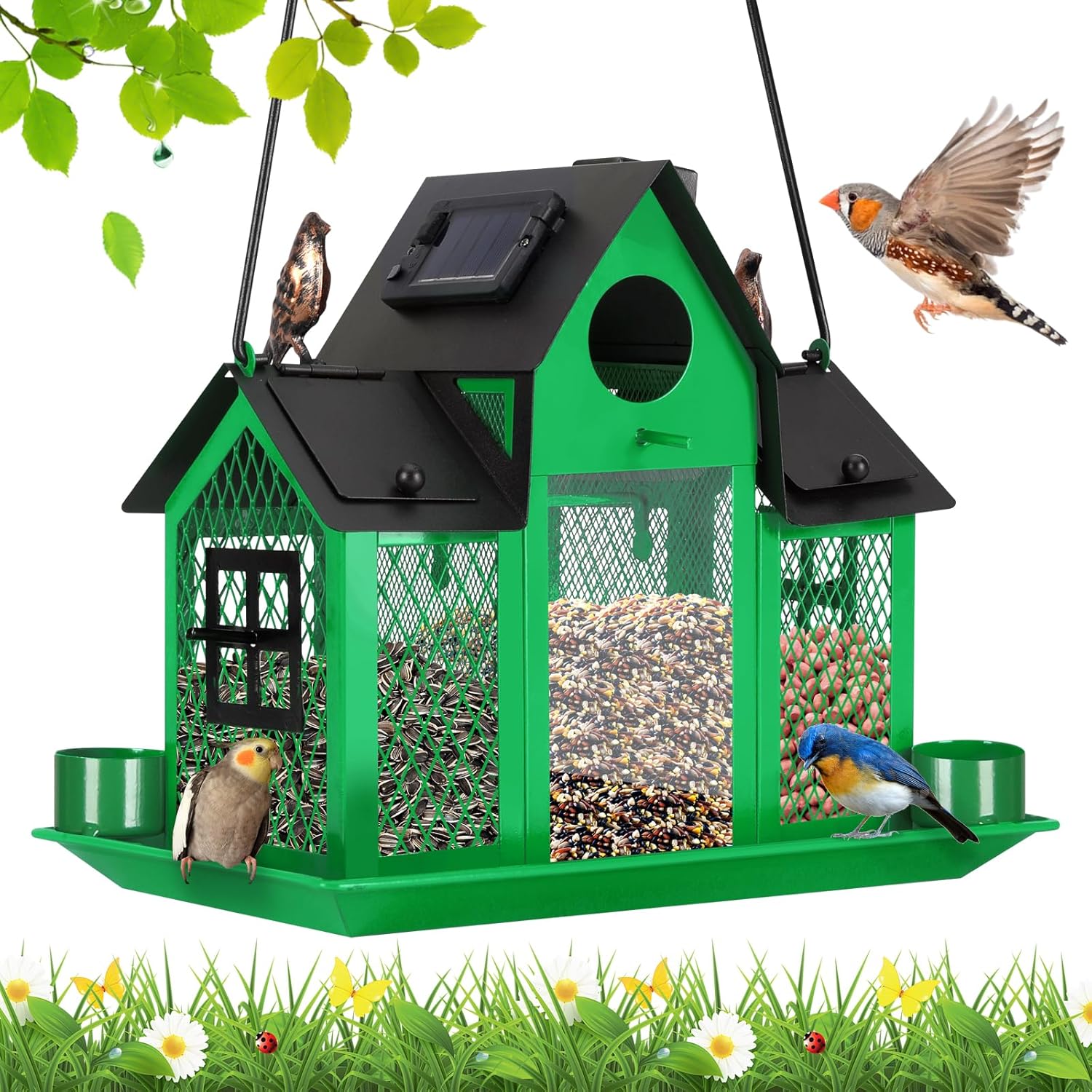 Solar Bird Feeders House for Outside Hanging, Metal Wild Bird Feeder for Outdoors, Large Cardinal Bird Feeder Birdhouses Green
