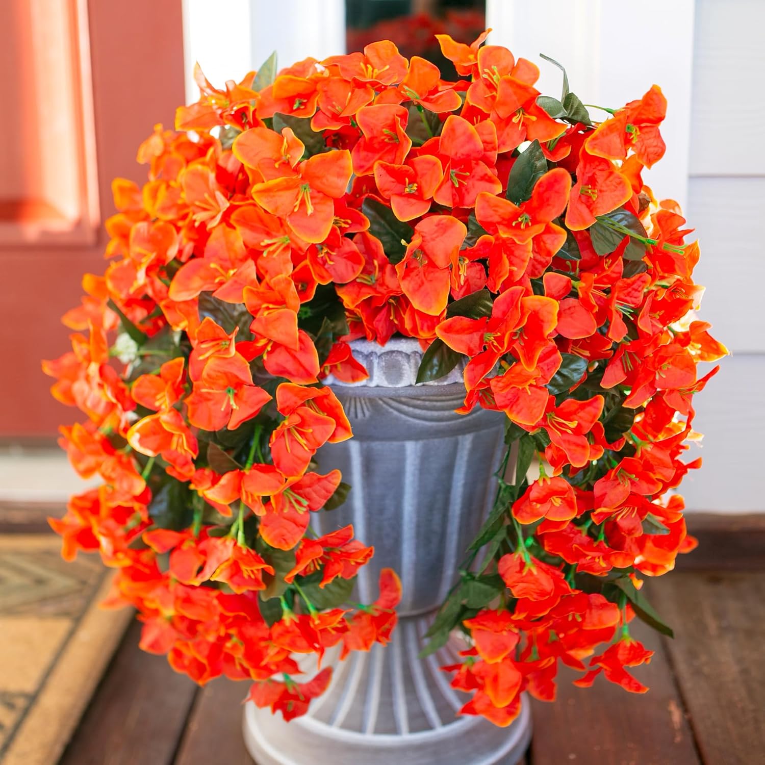 Bougainvillea Artificial Fall Hanging Flowers Plants for Outdoors Autumn Decoration, 2pcs Faux Bougainvillea Vines Orange Fake Flowers Realistic UV Resistant Silk Flowers for Outside Planter Yard Home
