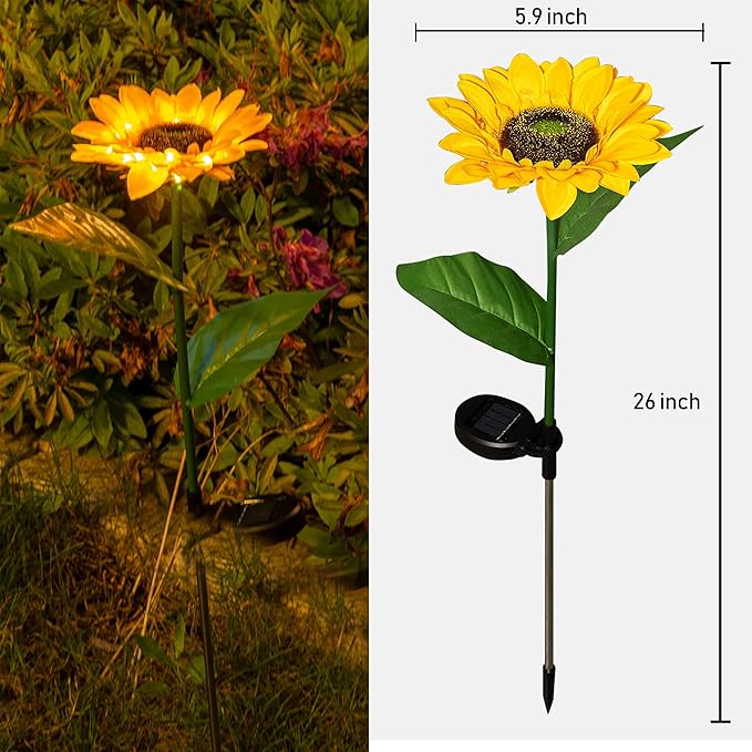 Dazzle Bright Sunflower Shape Solar LED Lights, 2 Pack Garden Waterproof Decorative with Stake for Outdoor Yard Pathway Outside Patio Lawn