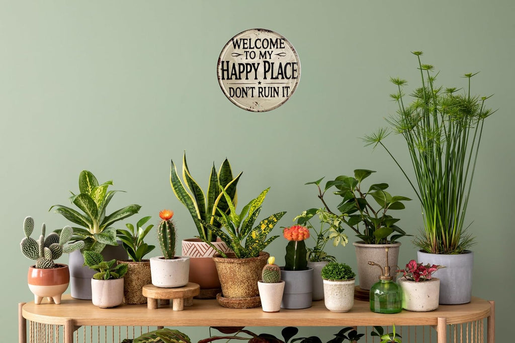 Welcome Sign for Front Door Round Metal Welcome to My Happy Place Plaque for Home Office Bedroom Kitchen Dining or Bar Decor 8x8 In