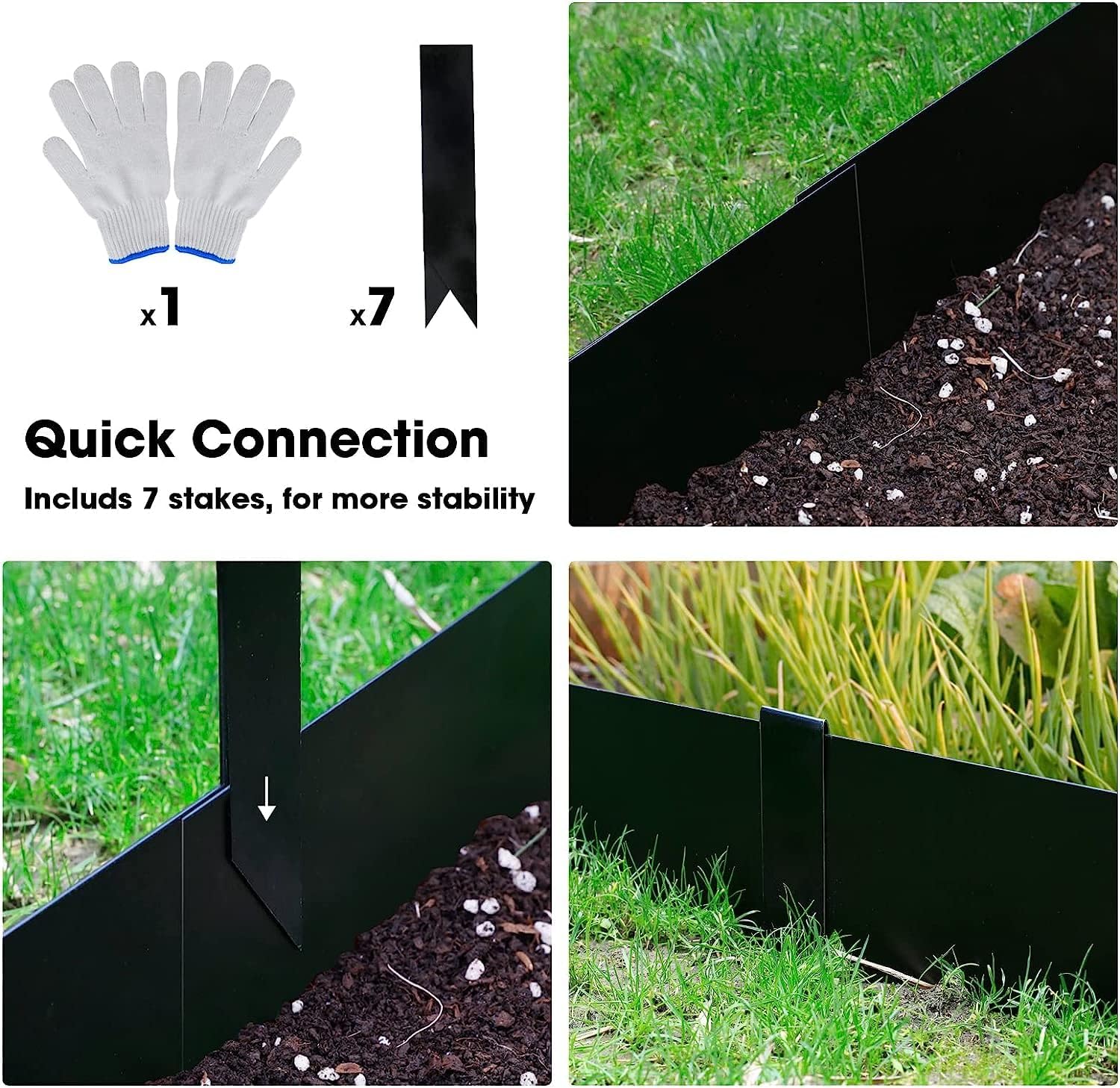Worth Garden 6-Pack Galvanized Steel Landscape Edging with Black Powder Coating - 40" L x 6.5" H - Hammer-in 16-Gauge Metal Border Separator Strips with 7 Clips - Edge for Lawn Yard (20Ft Total)